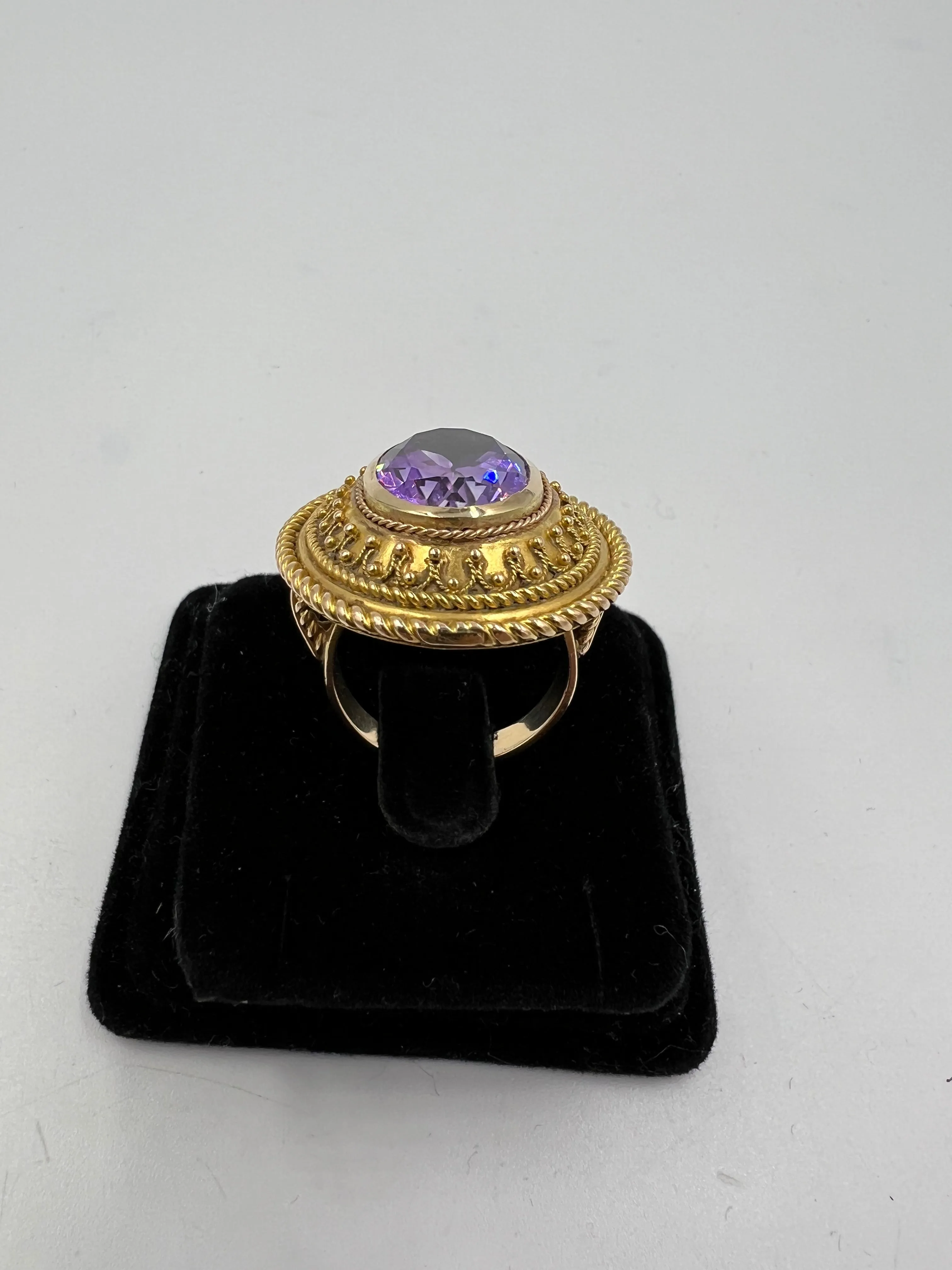 1880s Victorian Etruscan Revival Amethyst 14k Gold Ring