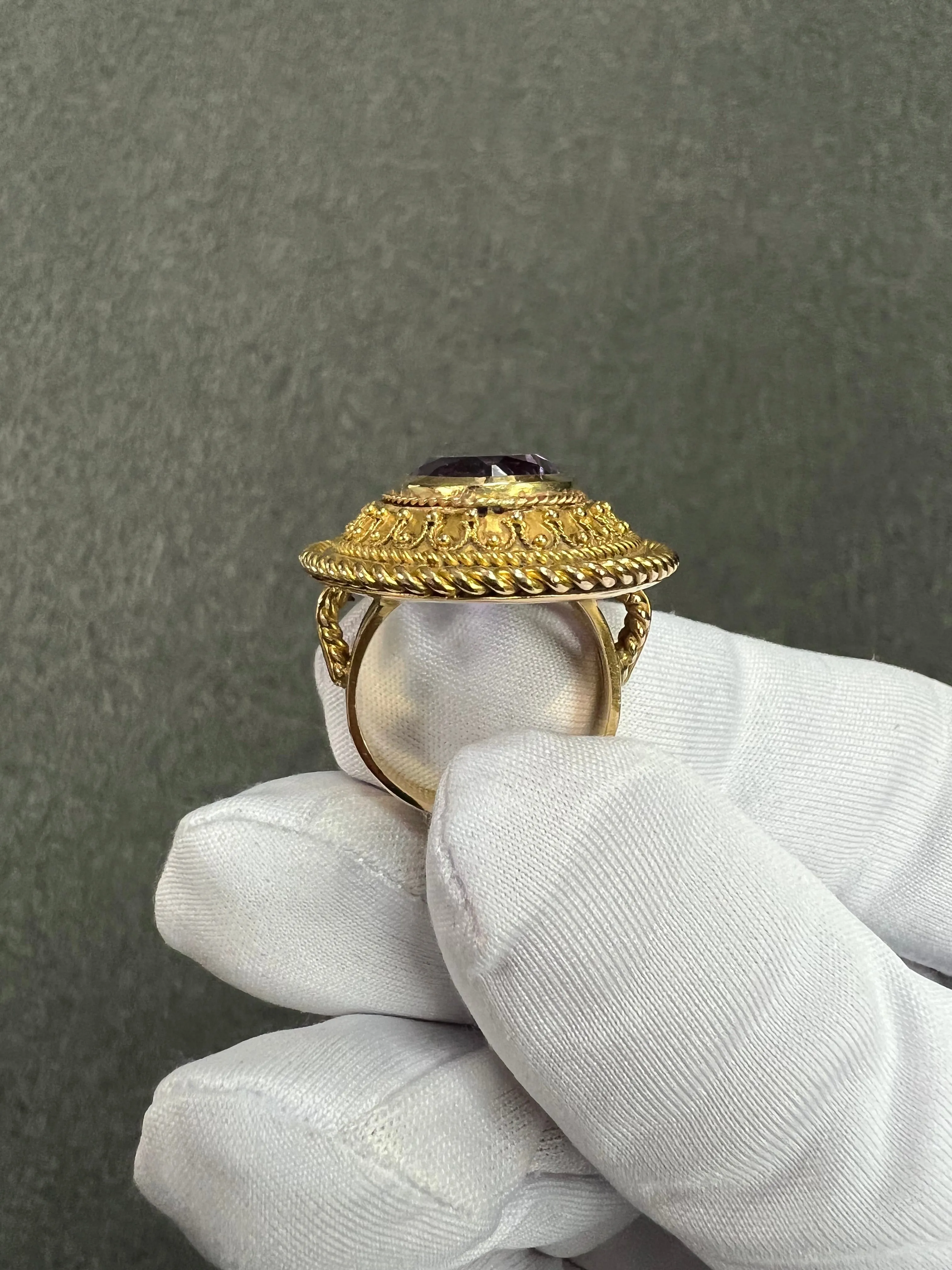 1880s Victorian Etruscan Revival Amethyst 14k Gold Ring