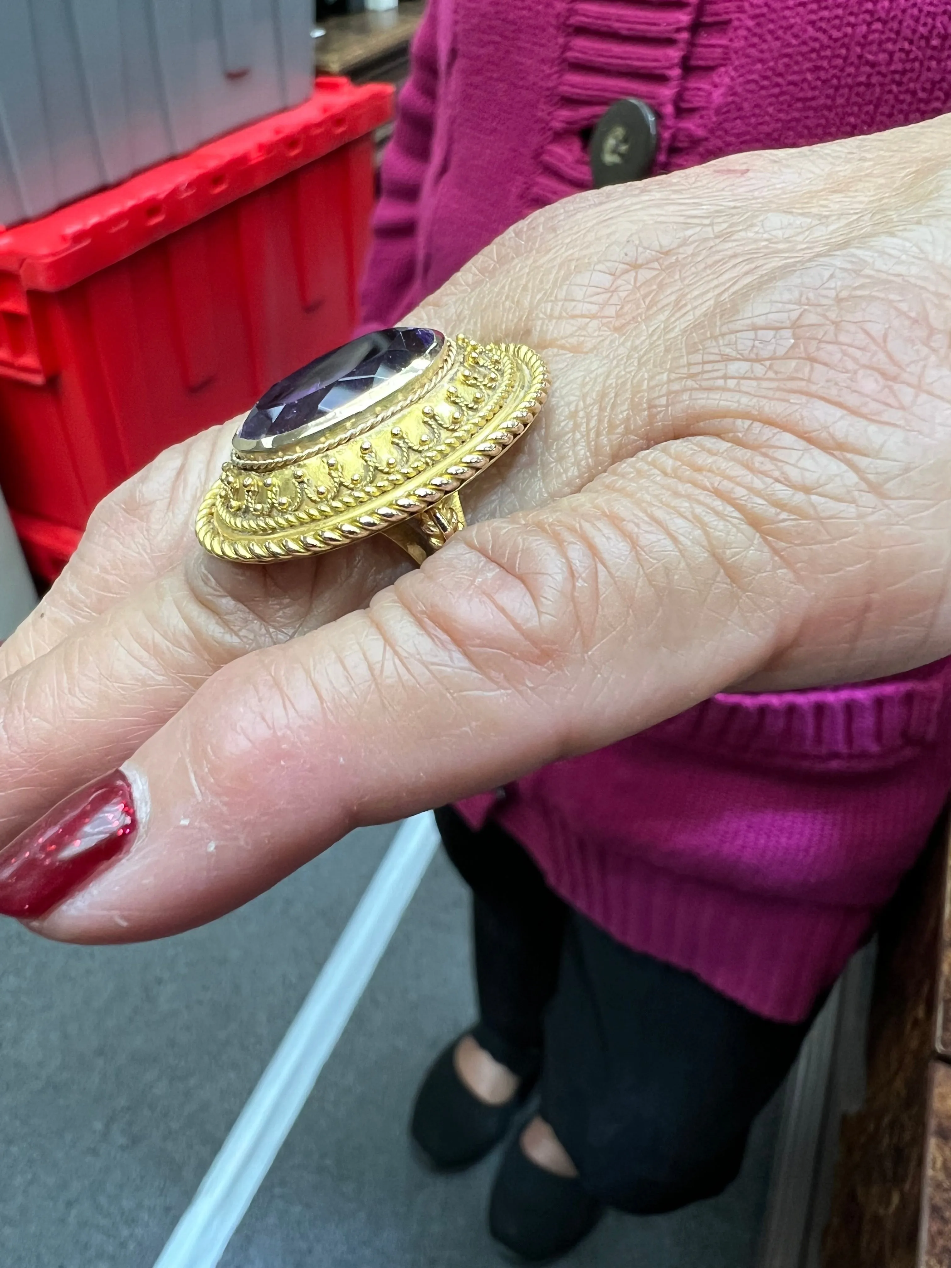 1880s Victorian Etruscan Revival Amethyst 14k Gold Ring