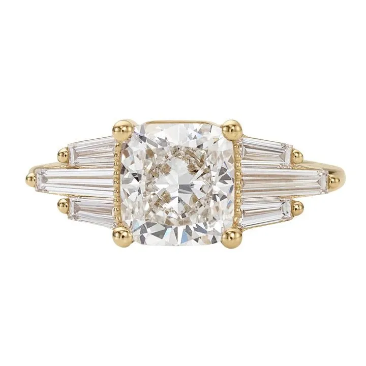 18K Gold Cushion-Shaped Ring Mount with Baguette "Wings"