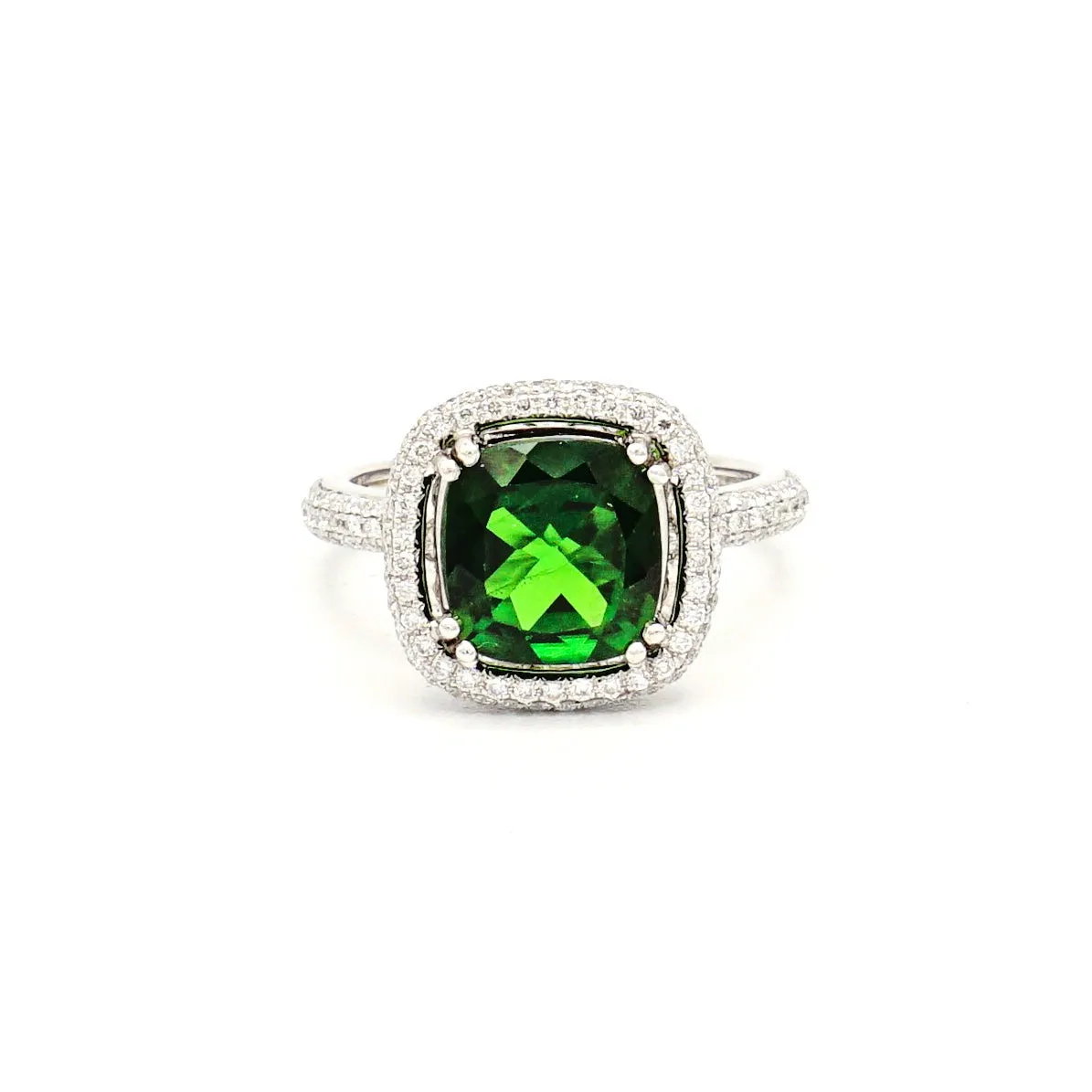 18k White Gold Green Chrome Diopside on Diamond Halo Ring
