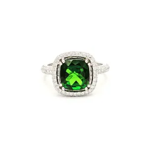 18k White Gold Green Chrome Diopside on Diamond Halo Ring