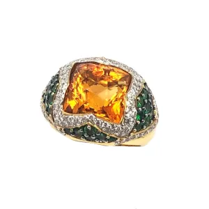 18K Yellow Gold Citrine Diamond & Tsavorite Ring