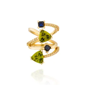 18K Yellow Gold Ring with Peridot, Blue Sapphire & Diamond