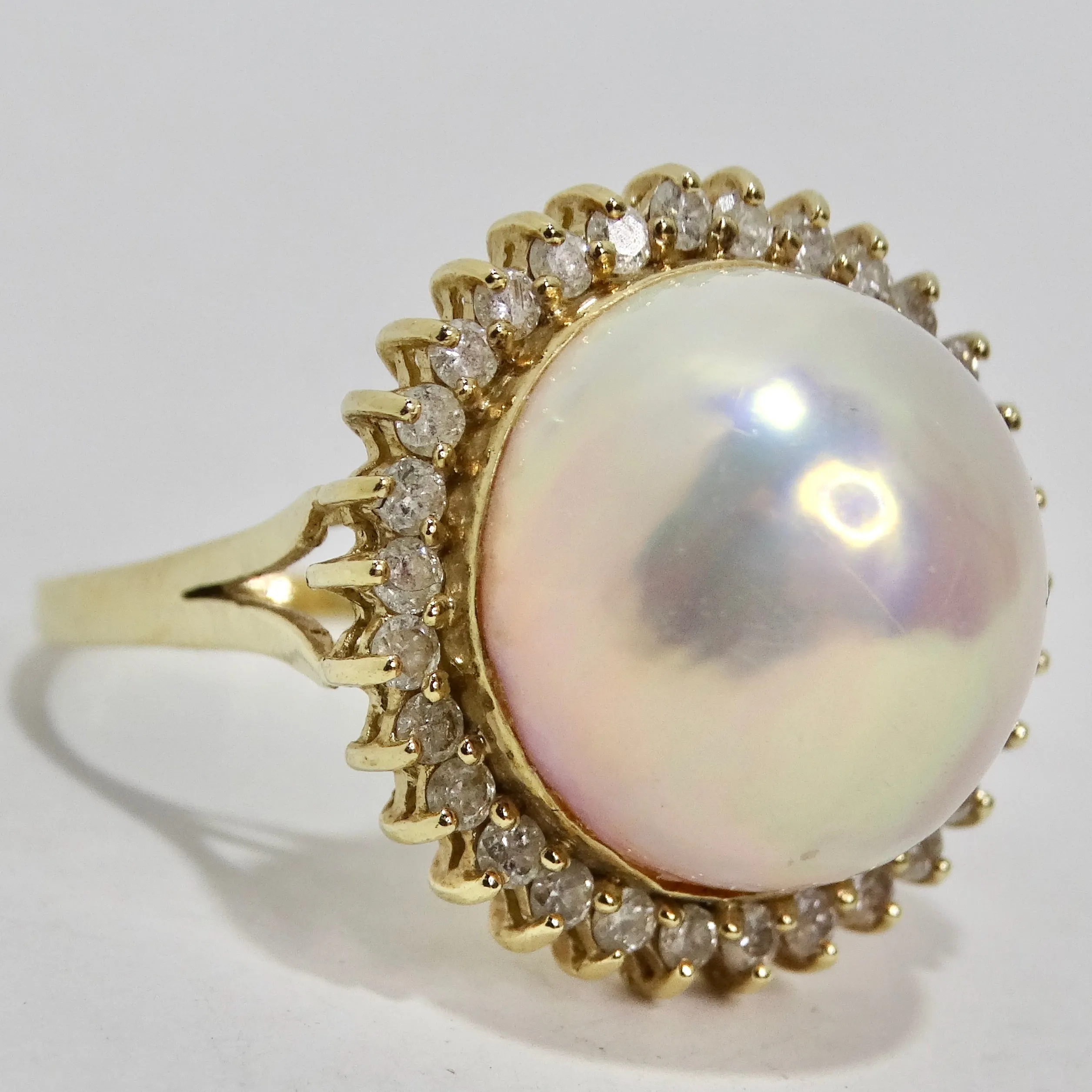 1960s Pearl Diamond 14K Cocktail Gold Ring