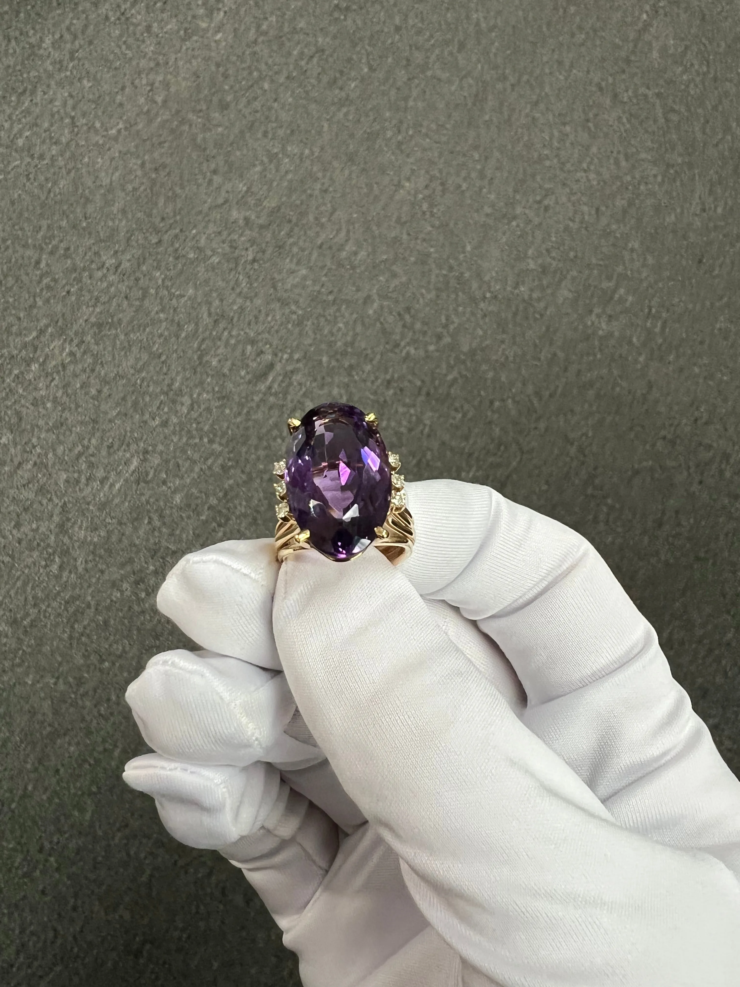 1970s Amethyst Diamond Yellow Gold Cocktail Ring