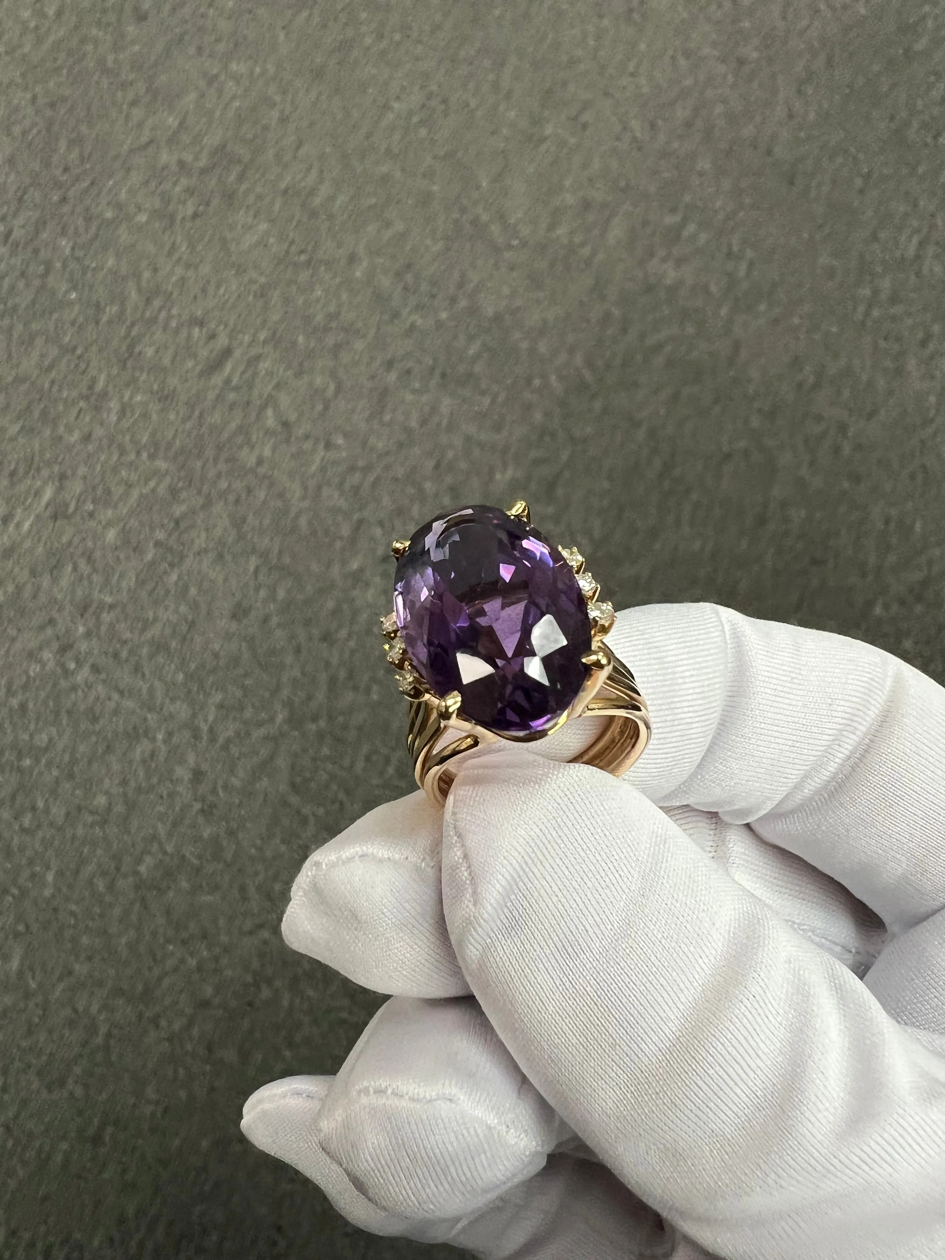 1970s Amethyst Diamond Yellow Gold Cocktail Ring