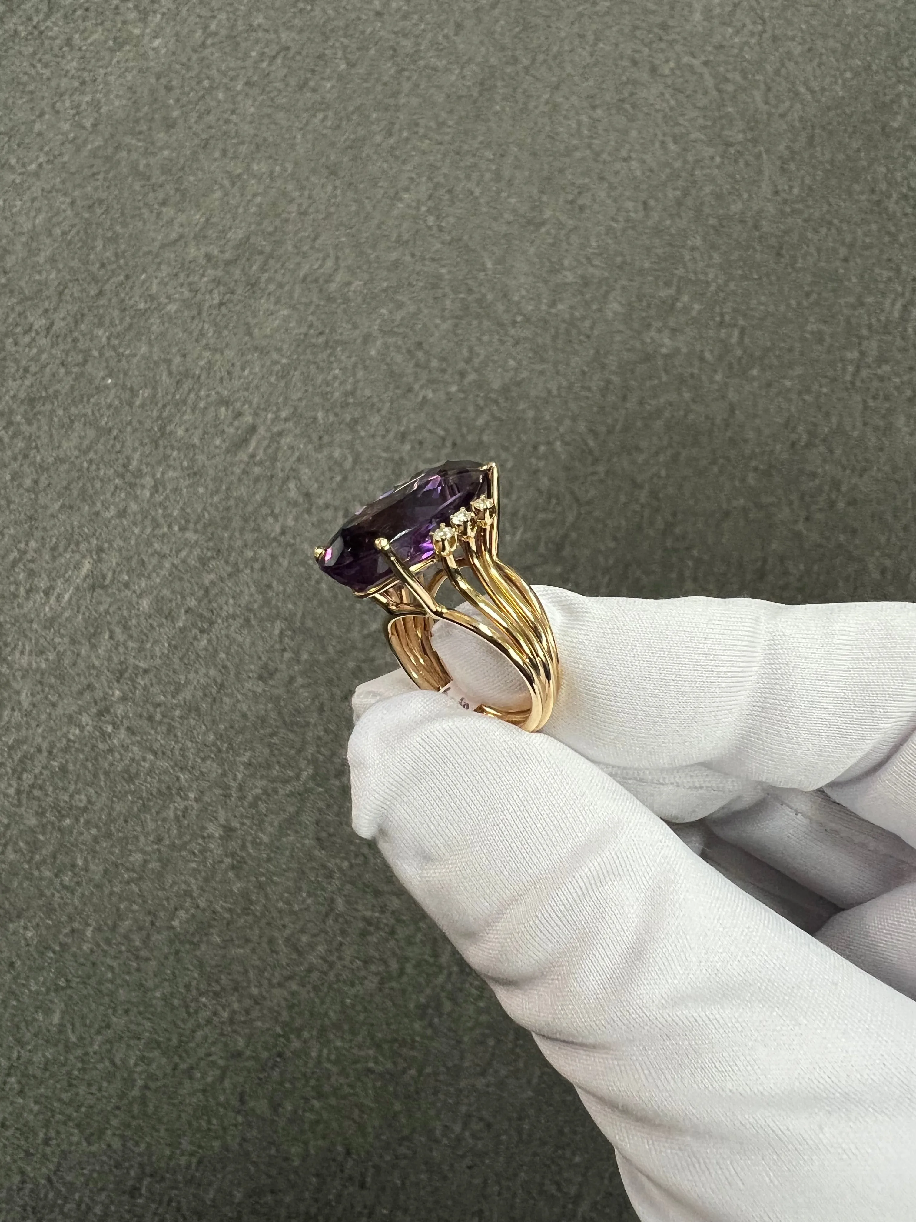 1970s Amethyst Diamond Yellow Gold Cocktail Ring