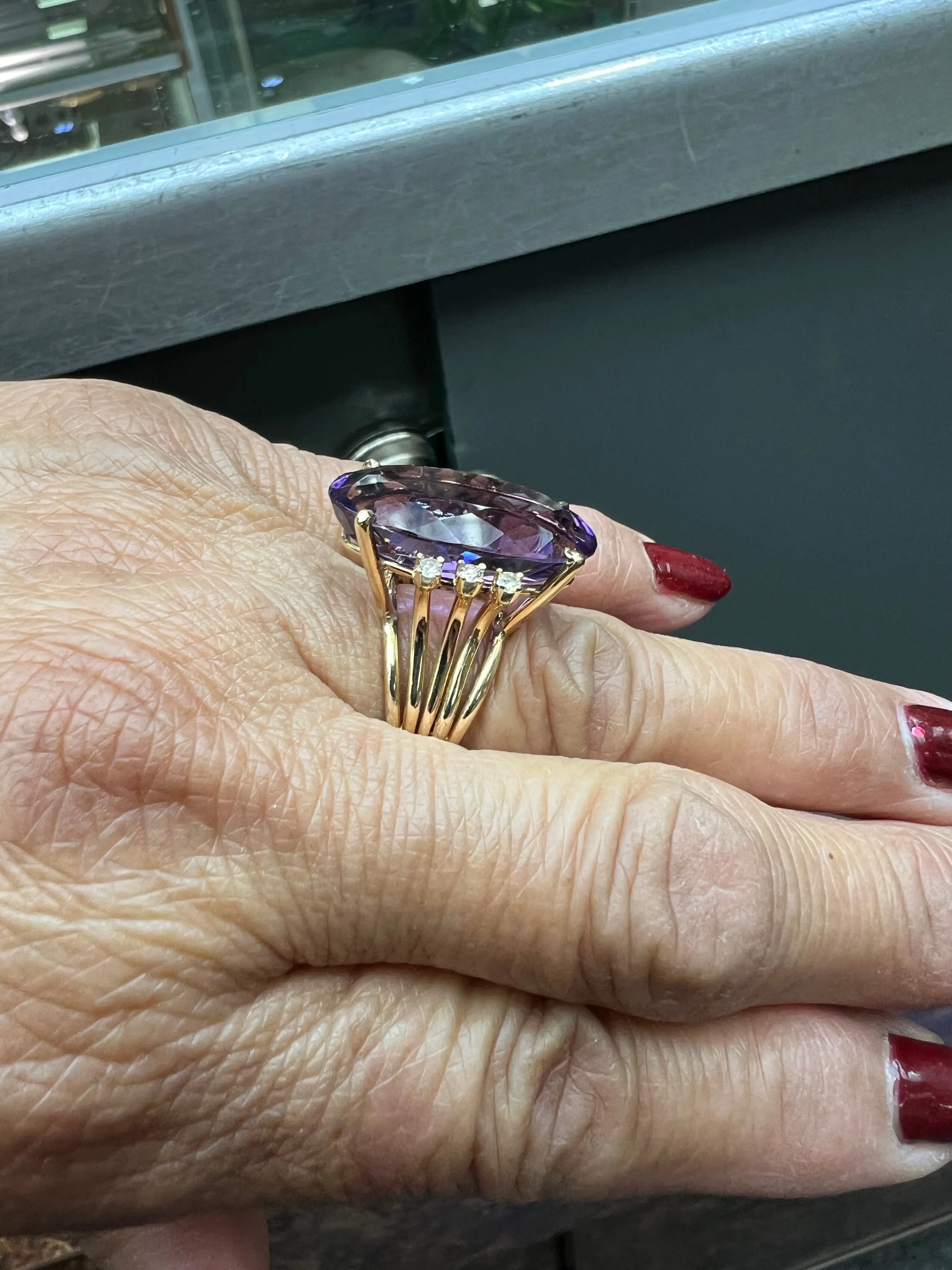 1970s Amethyst Diamond Yellow Gold Cocktail Ring