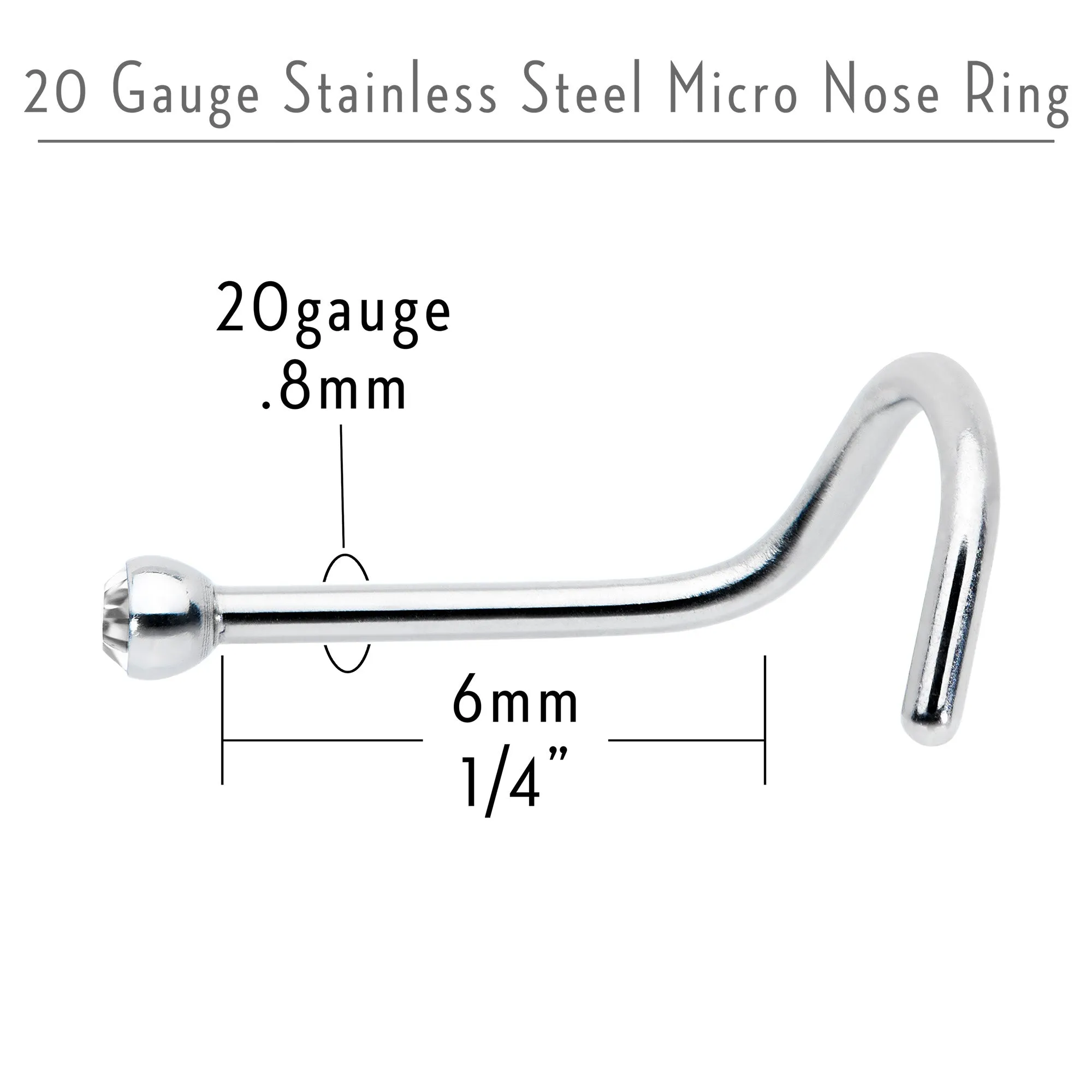 20 Gauge Stainless Steel Crystalline Gem Micro Nose Ring Twister