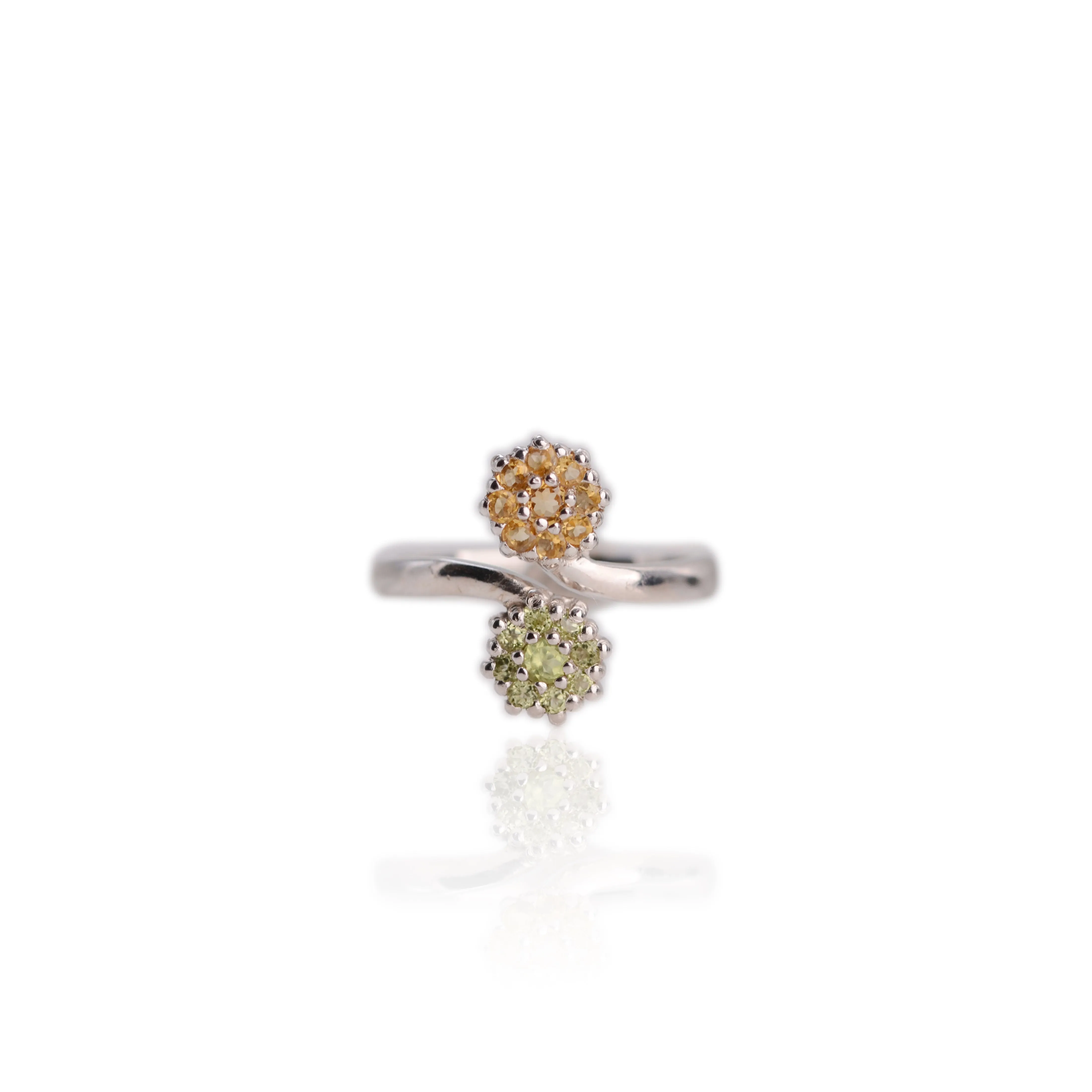 2.5 mm. Round Cut Yellow Brazilian Citrine and Peridot Open Ring
