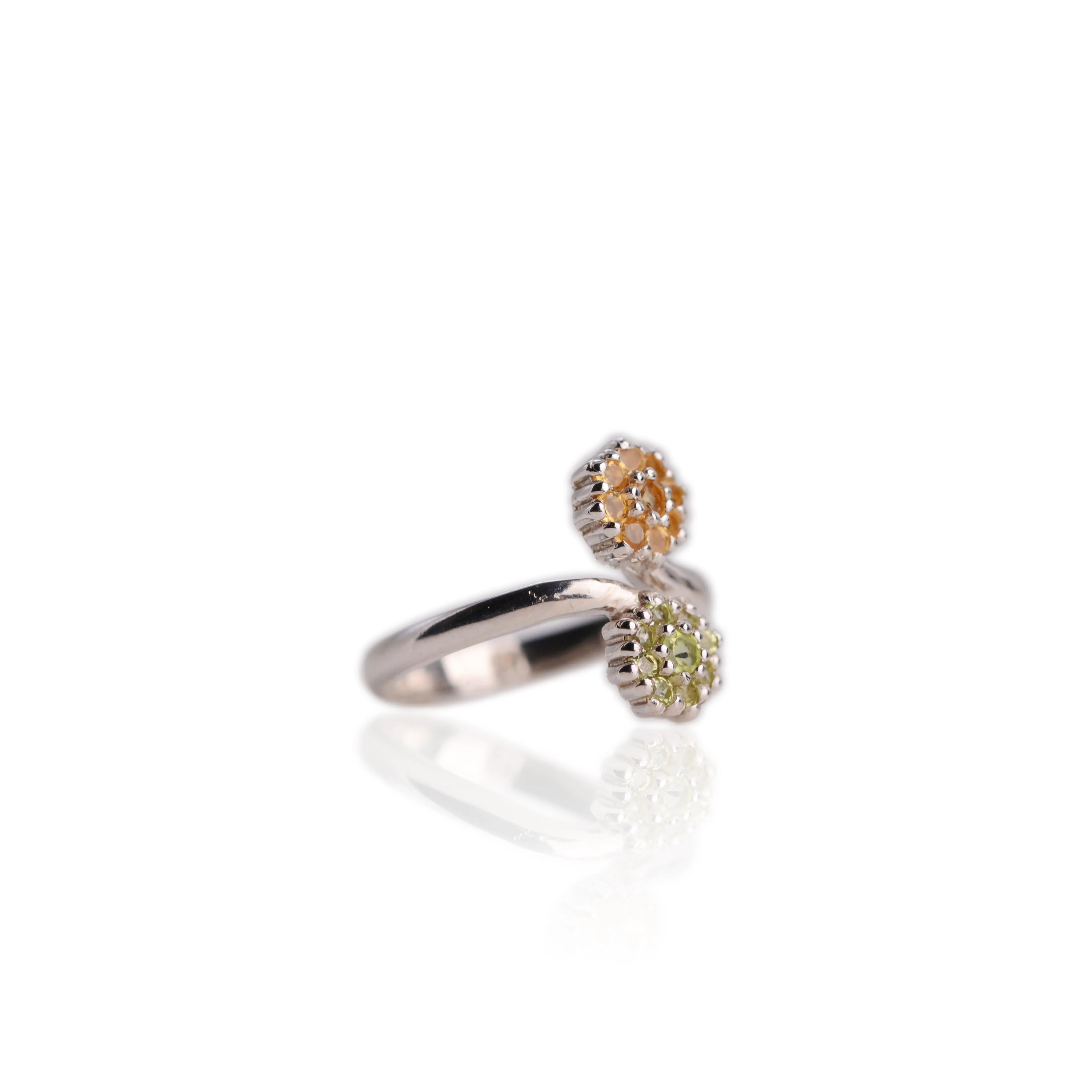 2.5 mm. Round Cut Yellow Brazilian Citrine and Peridot Open Ring