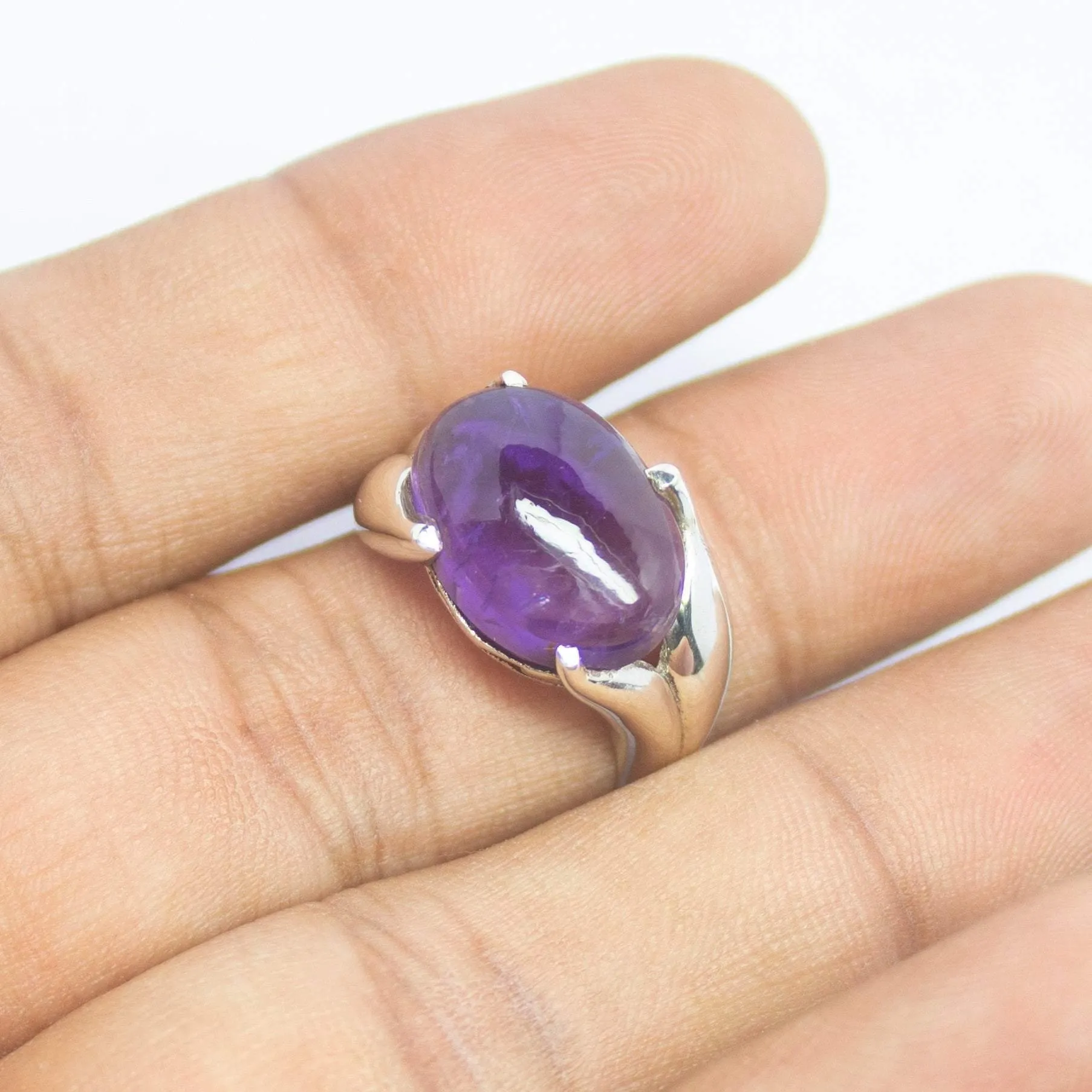 4.20g, Handmade Natural Purple Amethyst Oval Cabochon 925 Sterling Silver Ring