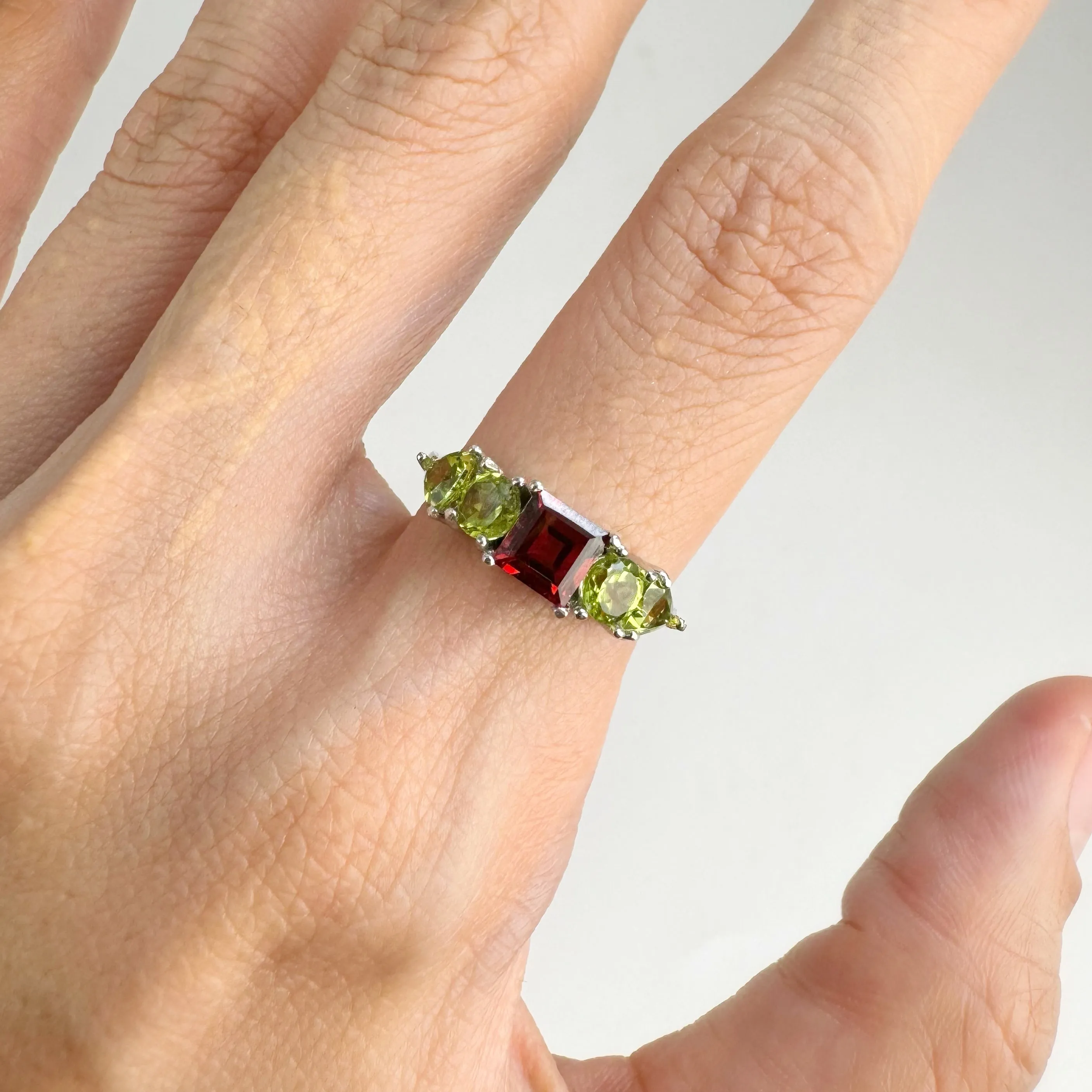 5 mm. Square Cut Red African Garnet and Peridot Cluster Ring