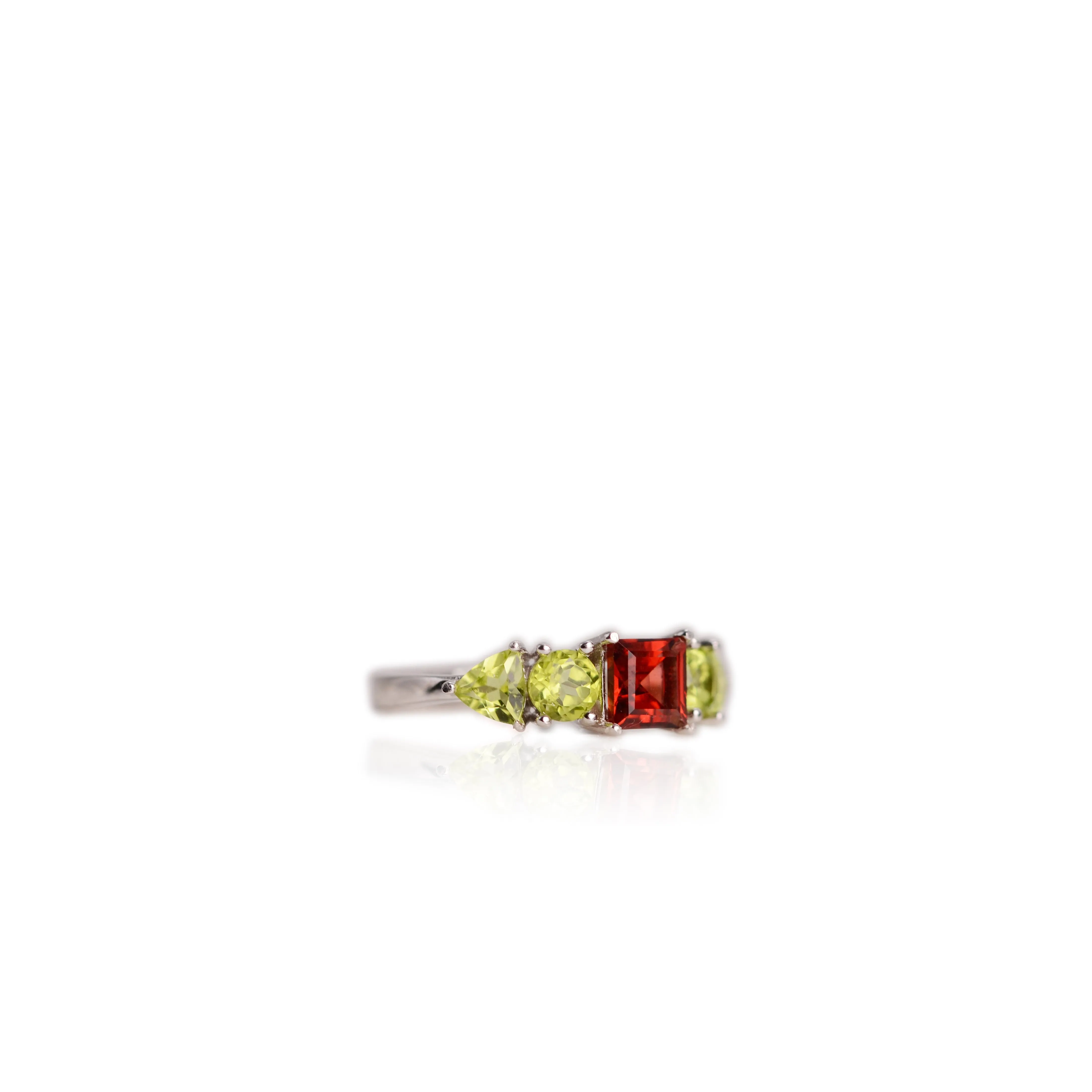 5 mm. Square Cut Red African Garnet and Peridot Cluster Ring