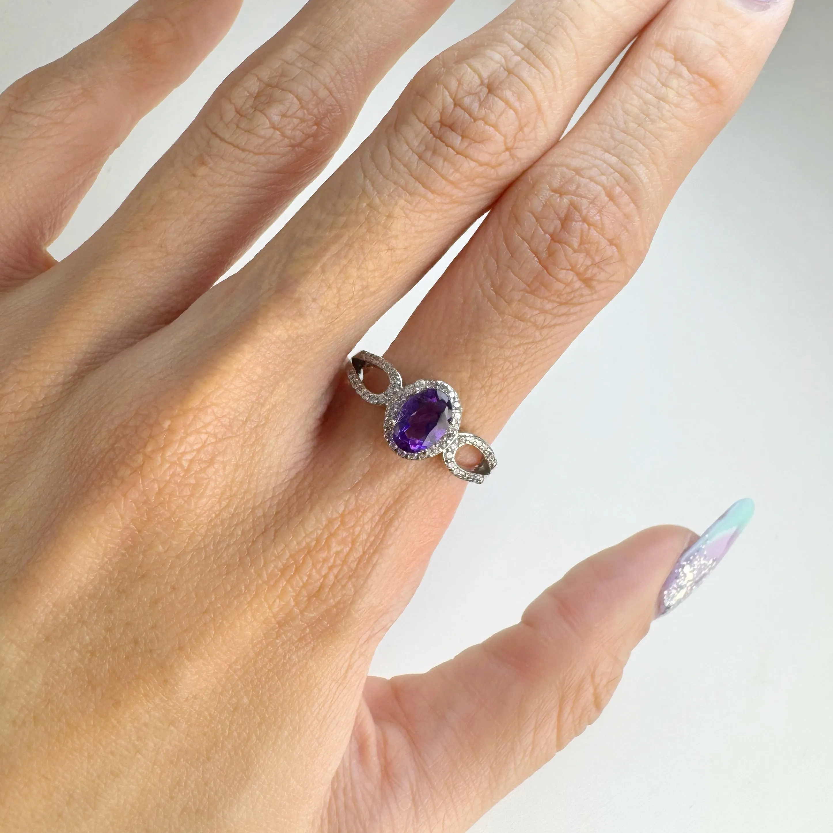 5 x 7 mm. Oval Cut Purple Brazilian Amethyst with Cz Halo Ring
