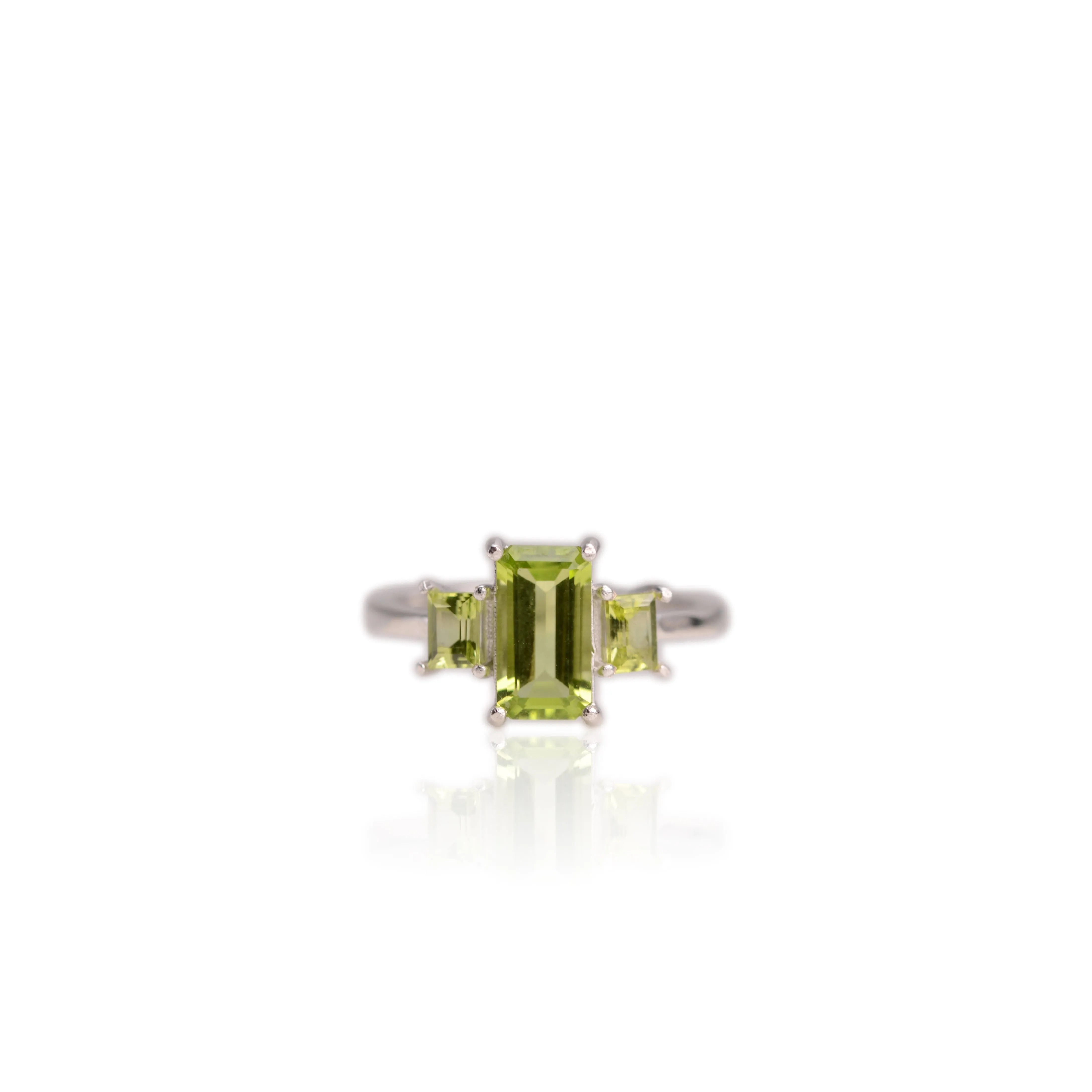 5 x 8 mm. Octagon Cut Green Pakistani Peridot Trilogy Ring