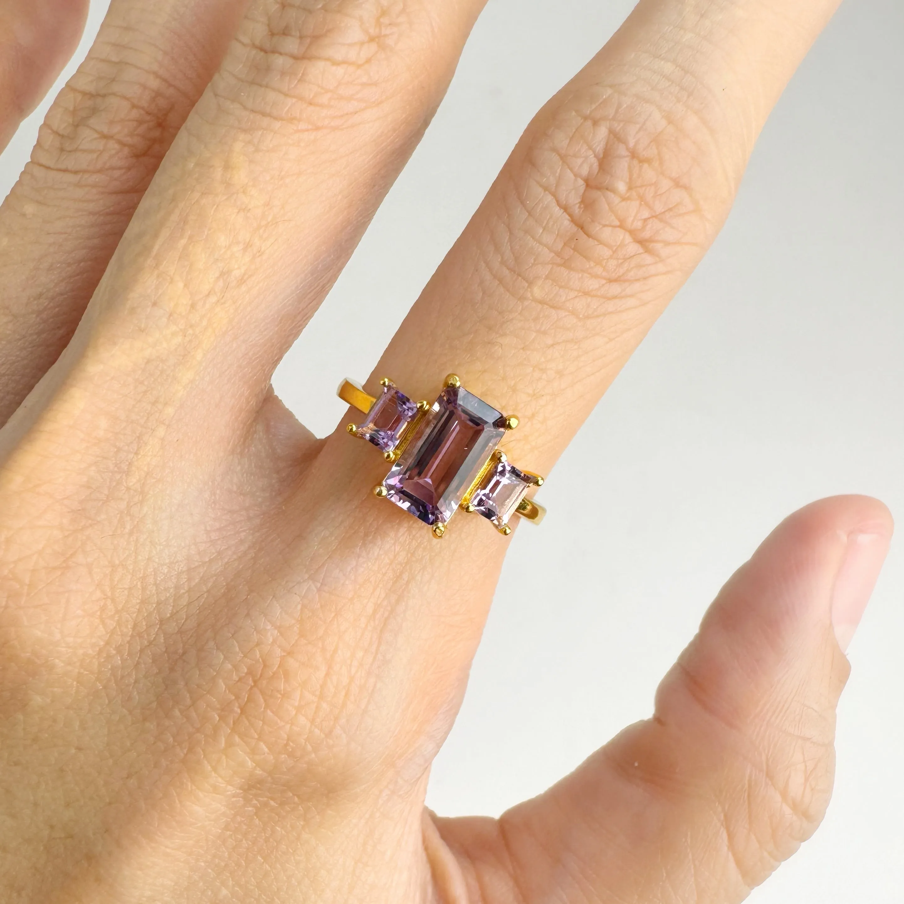 5 x 8 mm. Octagon Cut Purple Brazilian Amethyst Trilogy Ring