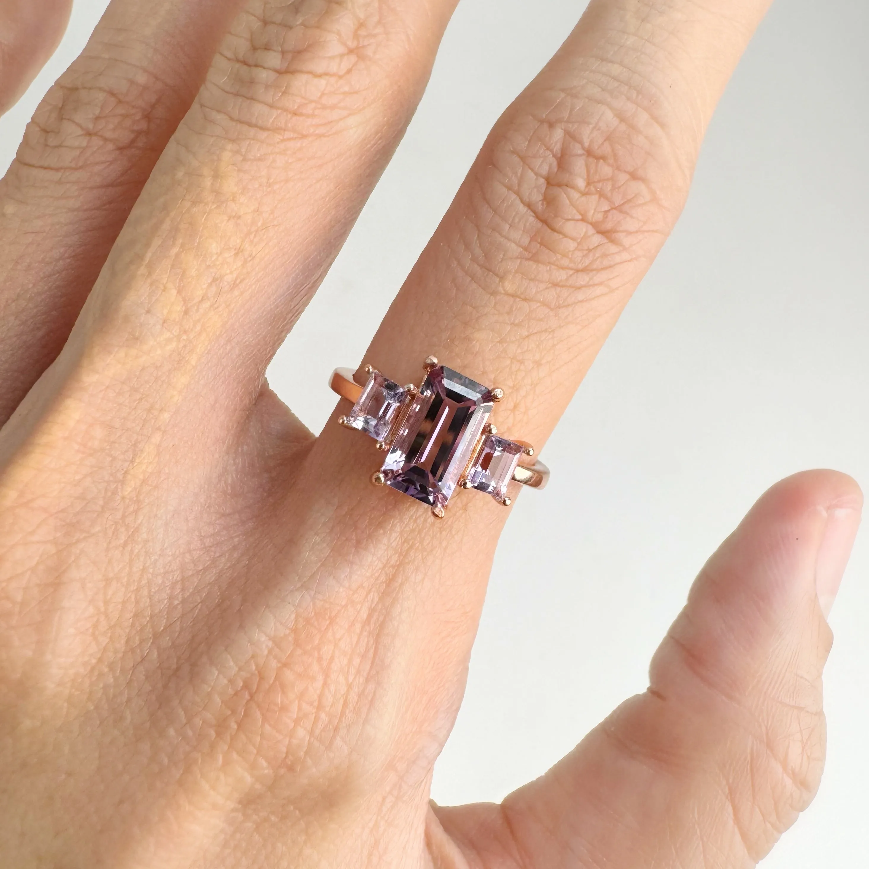 5 x 8 mm. Octagon Cut Purple Brazilian Amethyst Trilogy Ring