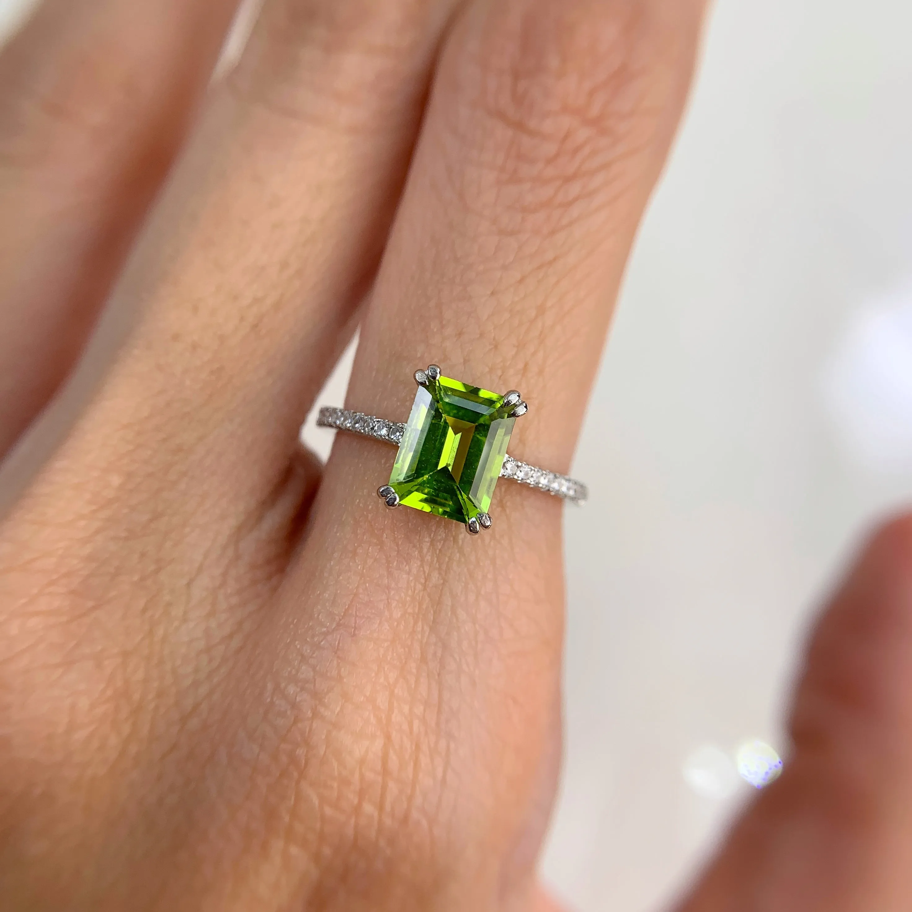 6 x 8 mm. Octagon Cut Green Pakistani Peridot with Cz Band Ring