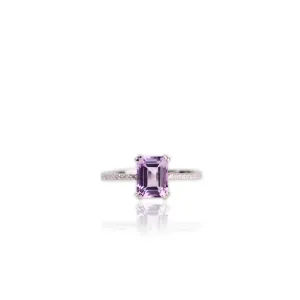 6 x 8 mm. Octagon Cut Purple Brazilian Amethyst with Cz Band Ring