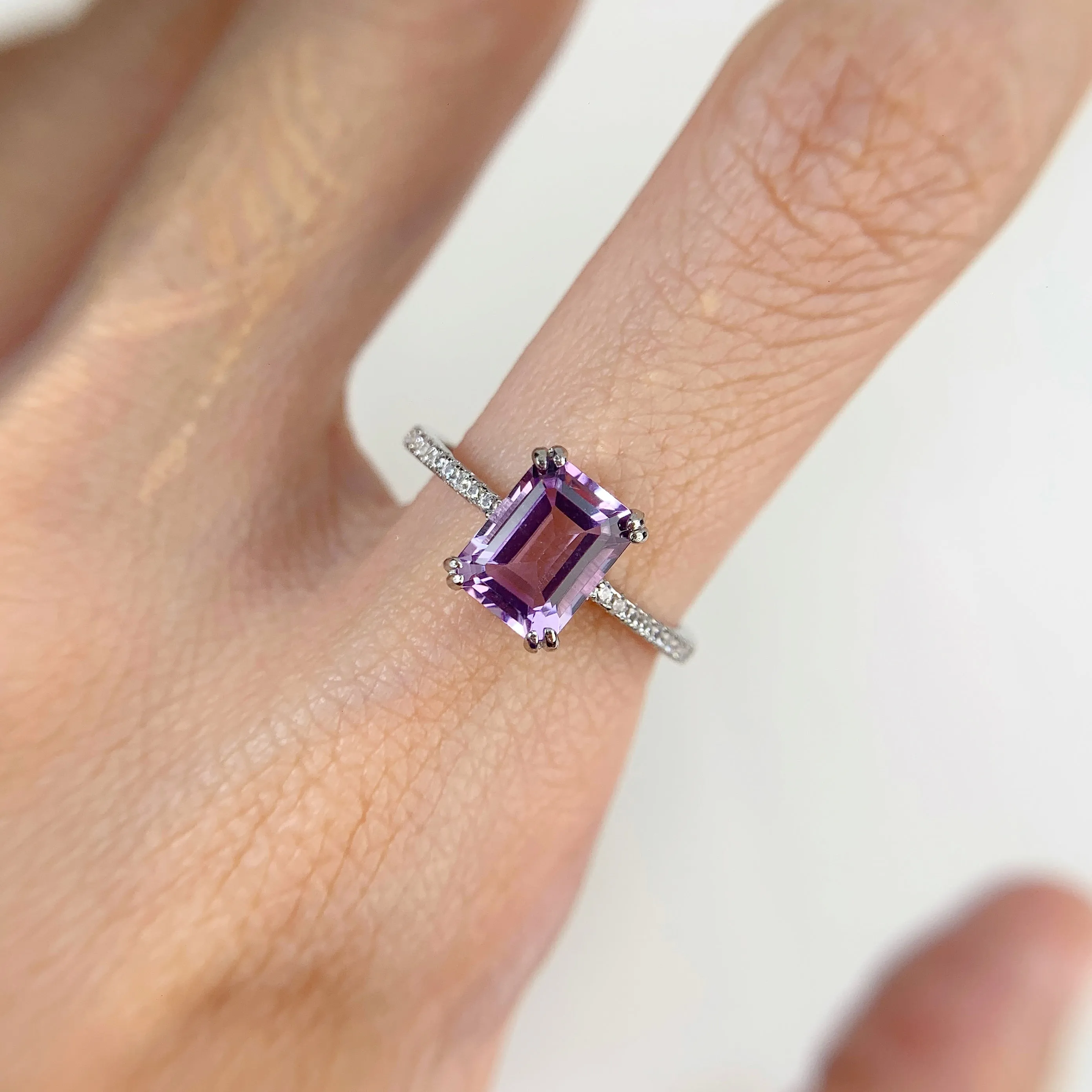 6 x 8 mm. Octagon Cut Purple Brazilian Amethyst with Cz Band Ring