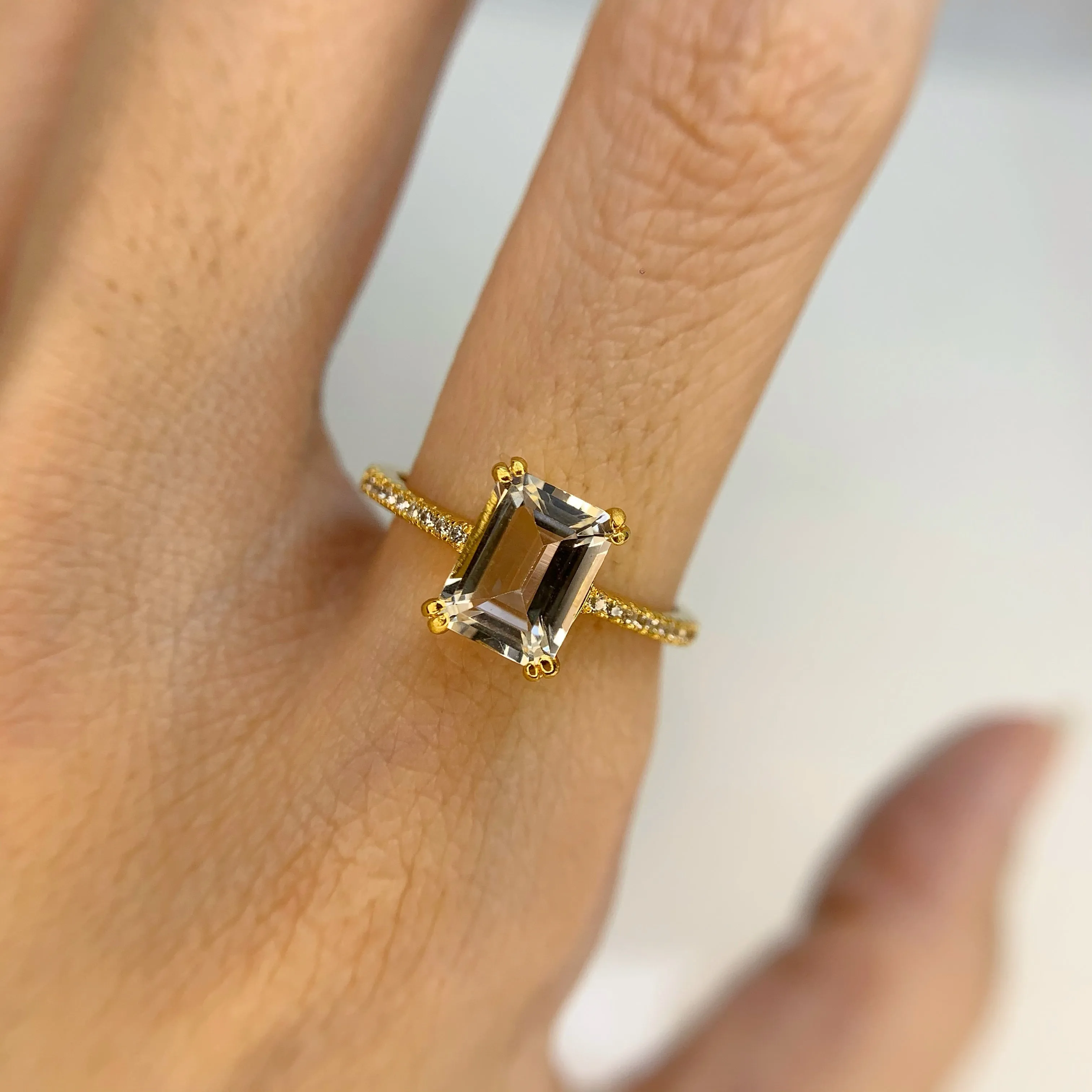 6 x 8 mm. Octagon Cut White Brazilian Topaz with Cz Band Ring
