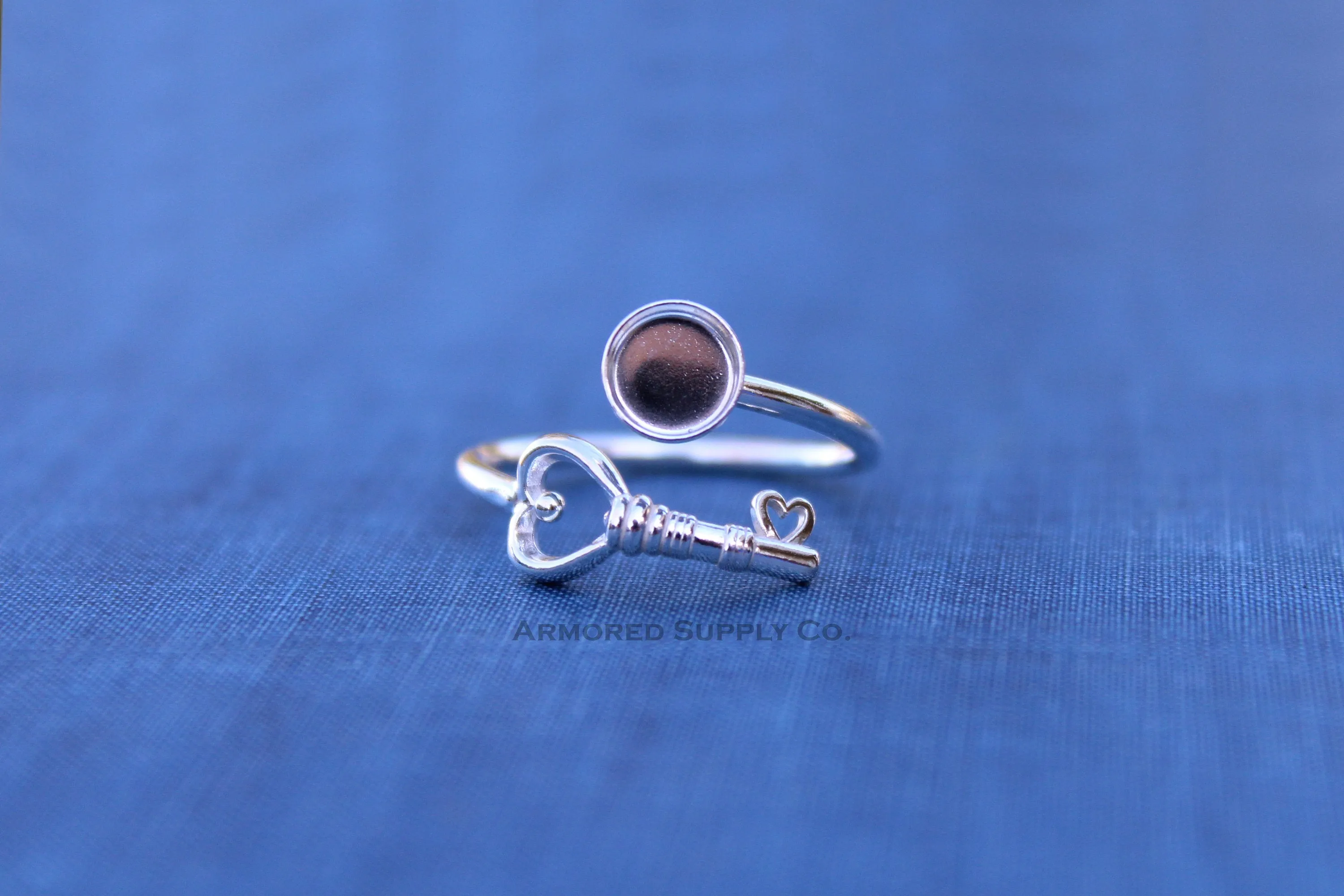 6mm Silver Heart Key Wrap Bypass Adjustable Bezel Ring blank