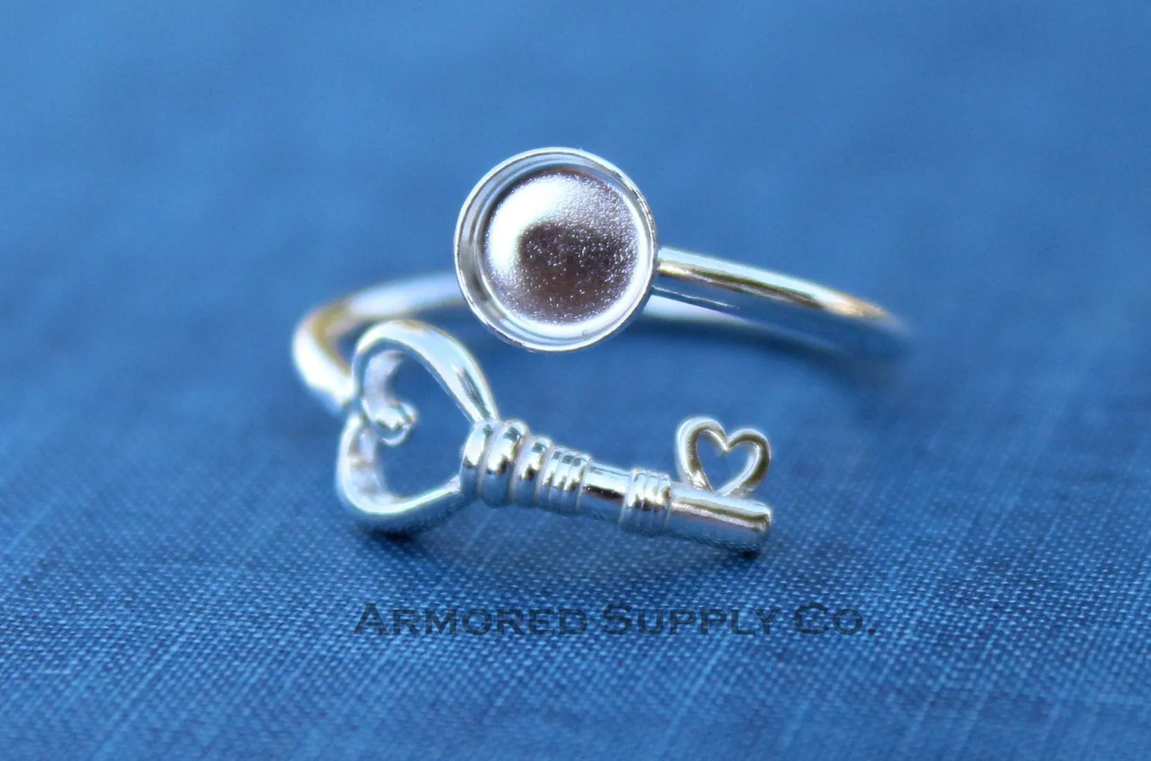 6mm Silver Heart Key Wrap Bypass Adjustable Bezel Ring blank