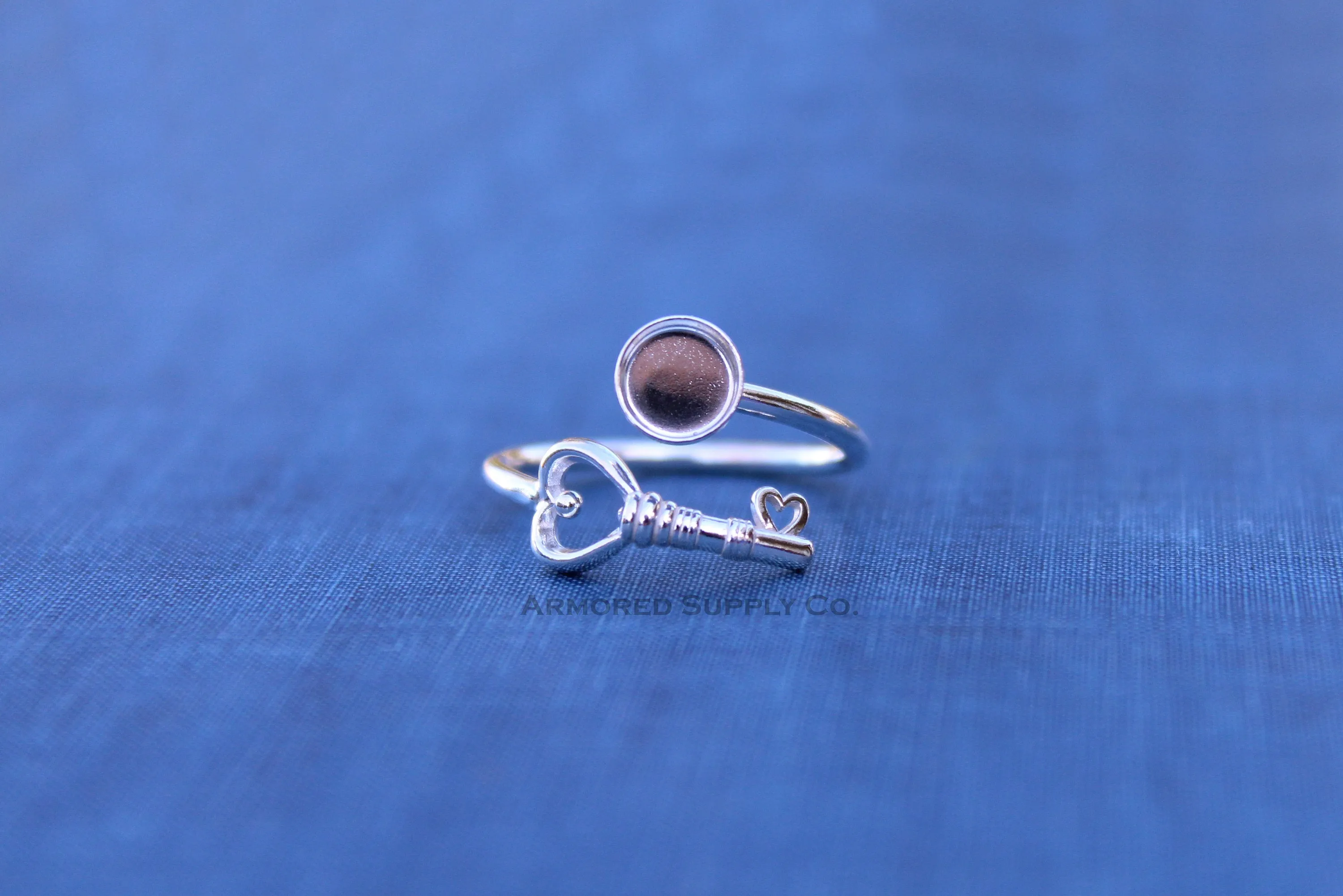6mm Silver Heart Key Wrap Bypass Adjustable Bezel Ring blank