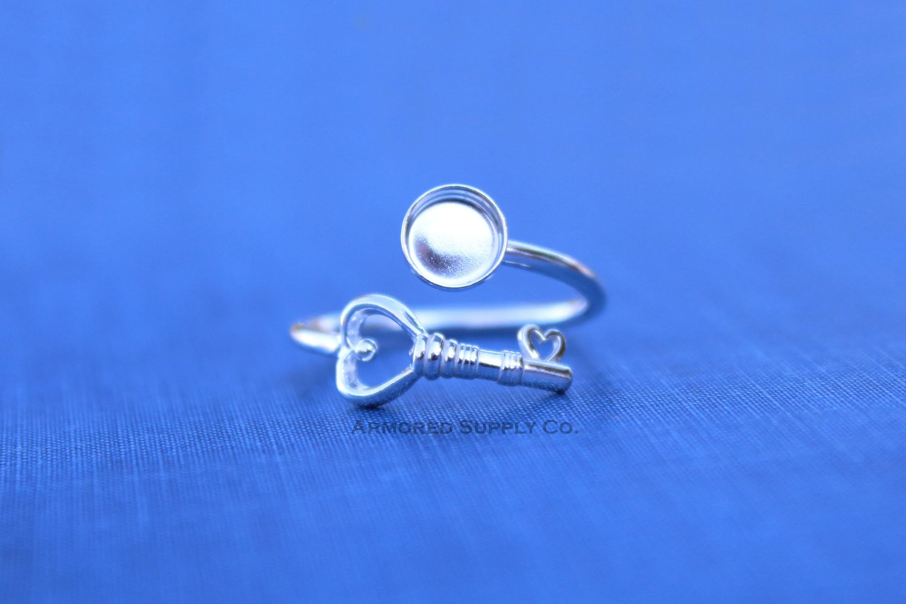 6mm Silver Heart Key Wrap Bypass Adjustable Bezel Ring blank