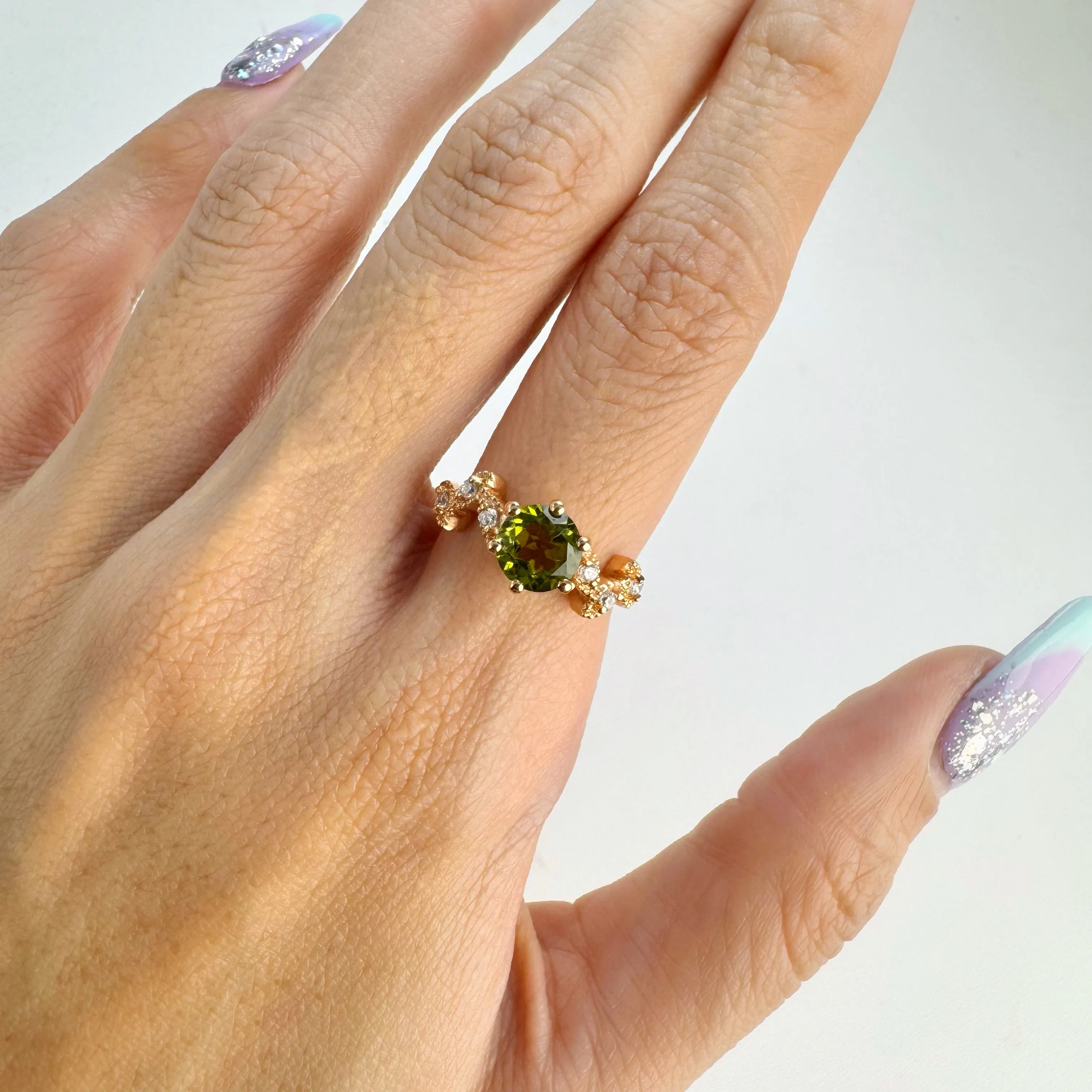 7 mm. Round Cut Green Pakistani Peridot with Cz Accents Ring