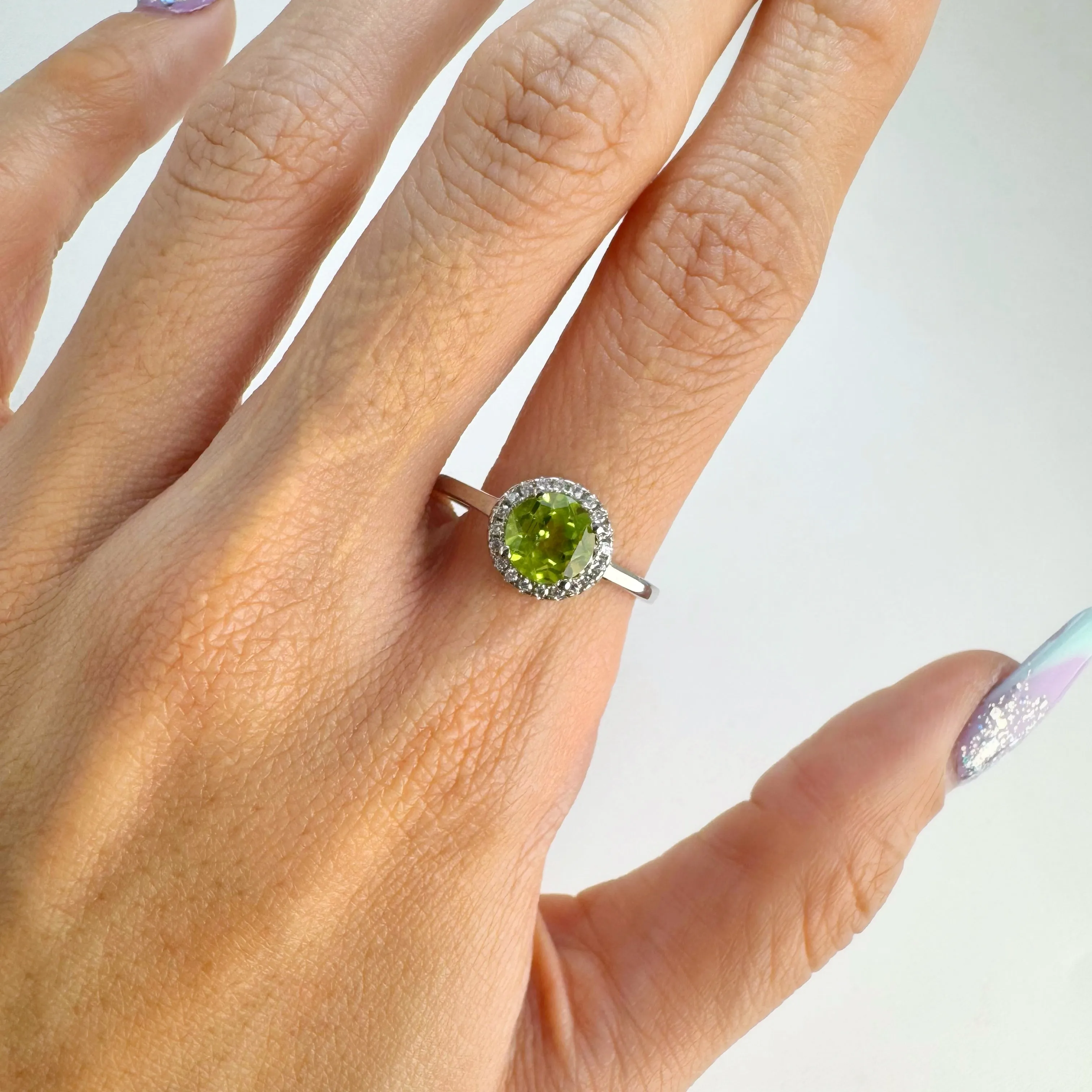7 mm. Round Cut Green Pakistani Peridot with Cz Halo Ring