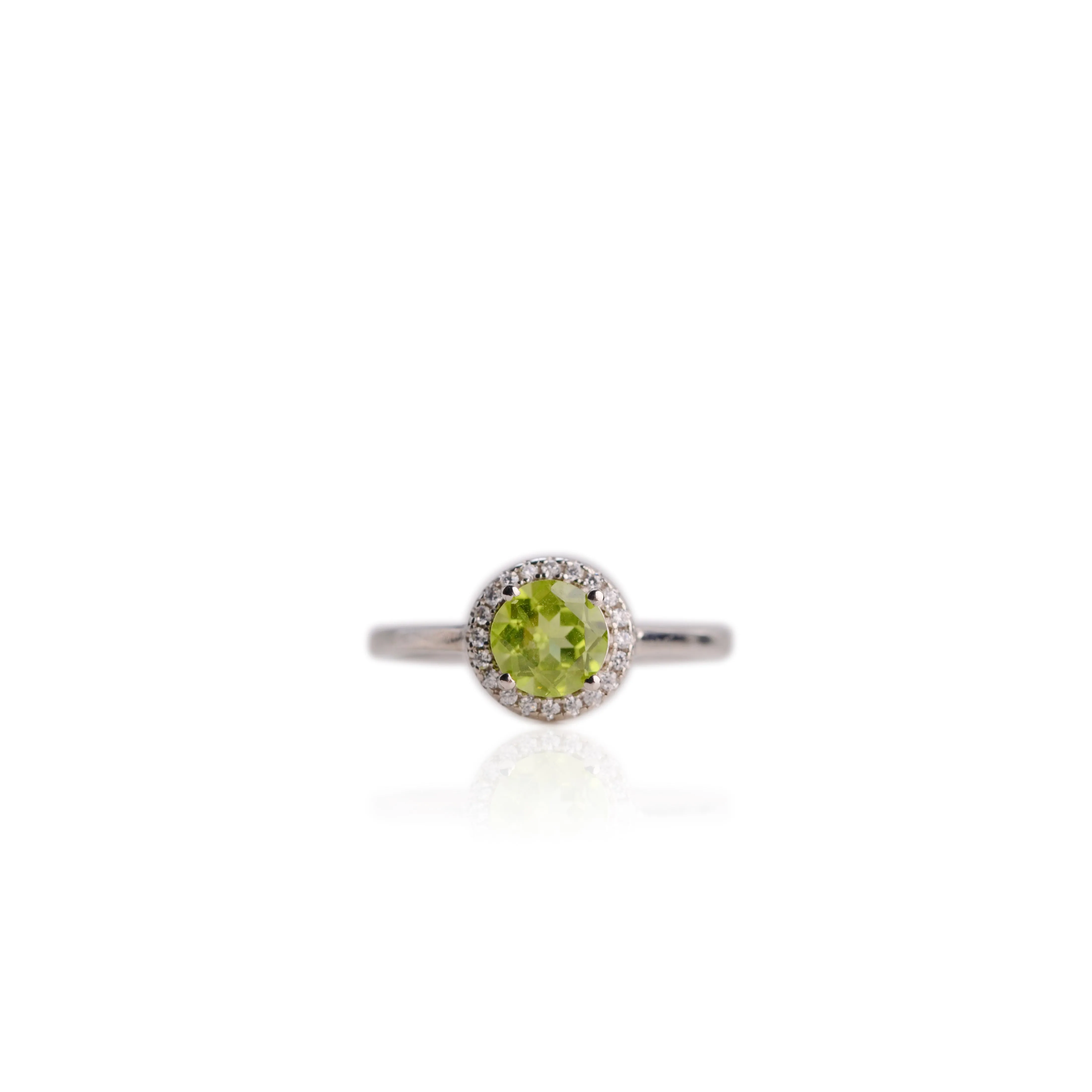 7 mm. Round Cut Green Pakistani Peridot with Cz Halo Ring