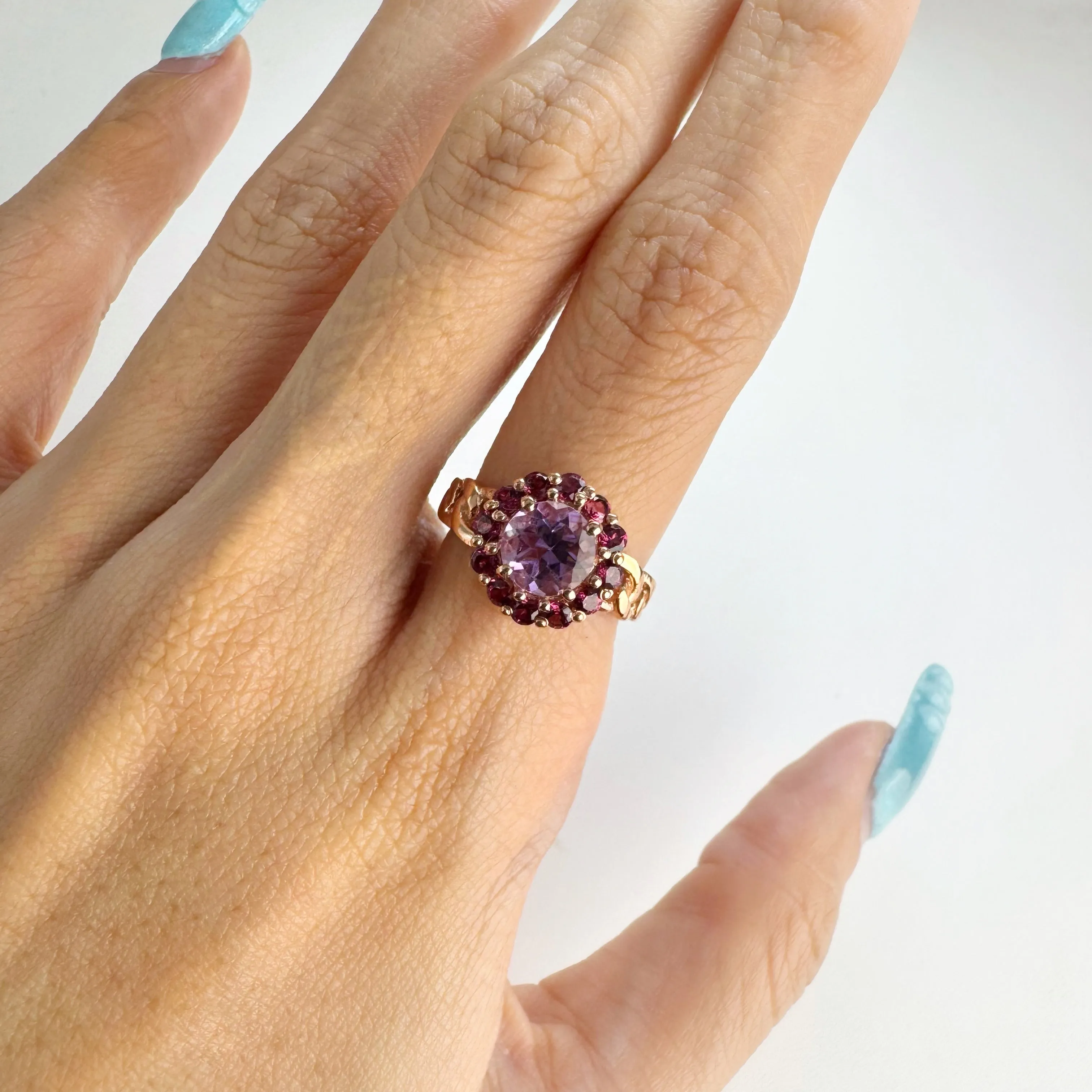 7 mm. Round Cut Purple Brazilian Amethyst with Rhodolite Garnet Halo Ring