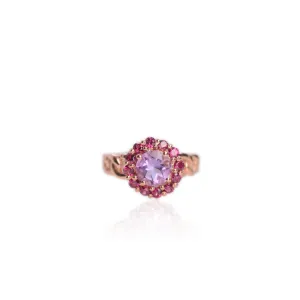 7 mm. Round Cut Purple Brazilian Amethyst with Rhodolite Garnet Halo Ring