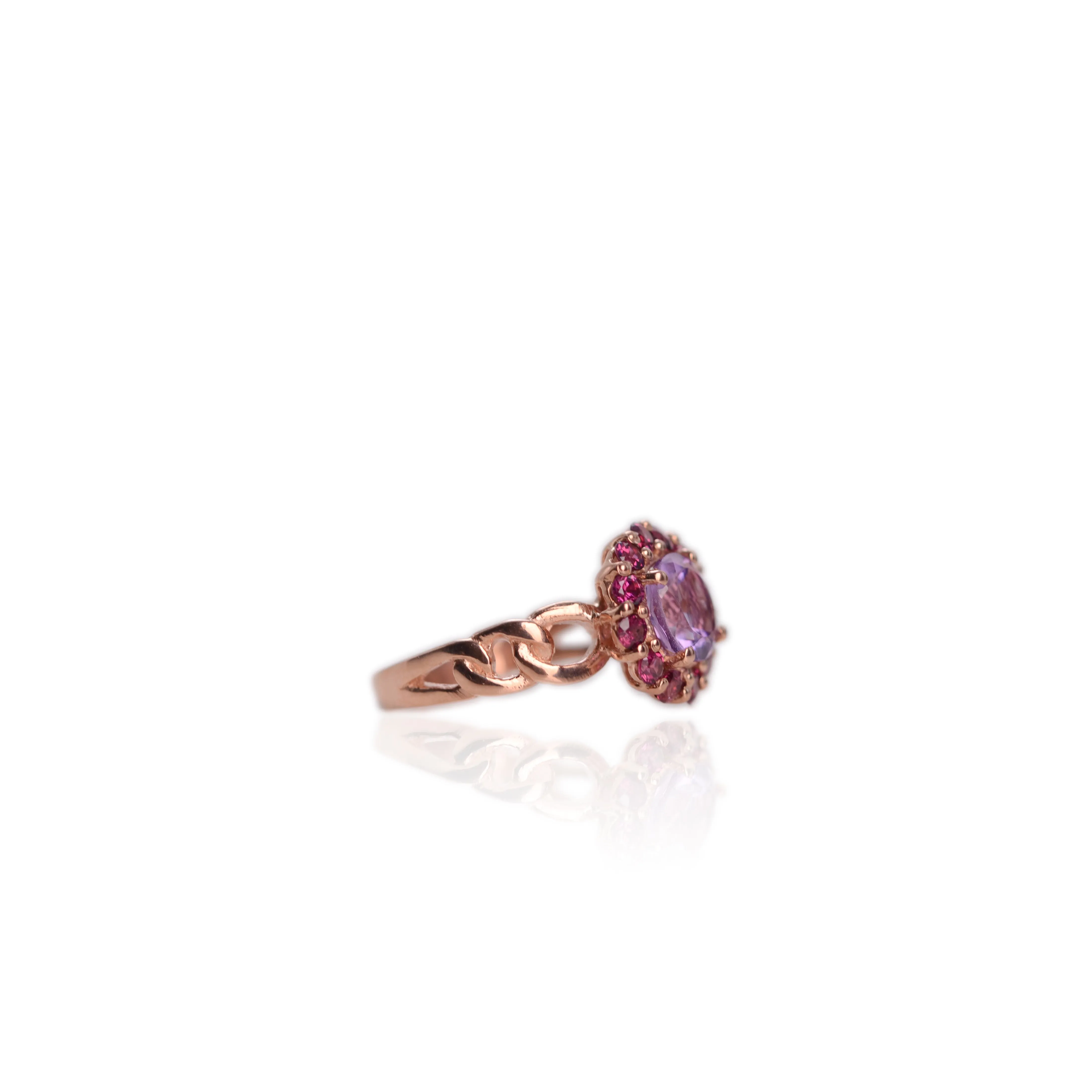 7 mm. Round Cut Purple Brazilian Amethyst with Rhodolite Garnet Halo Ring