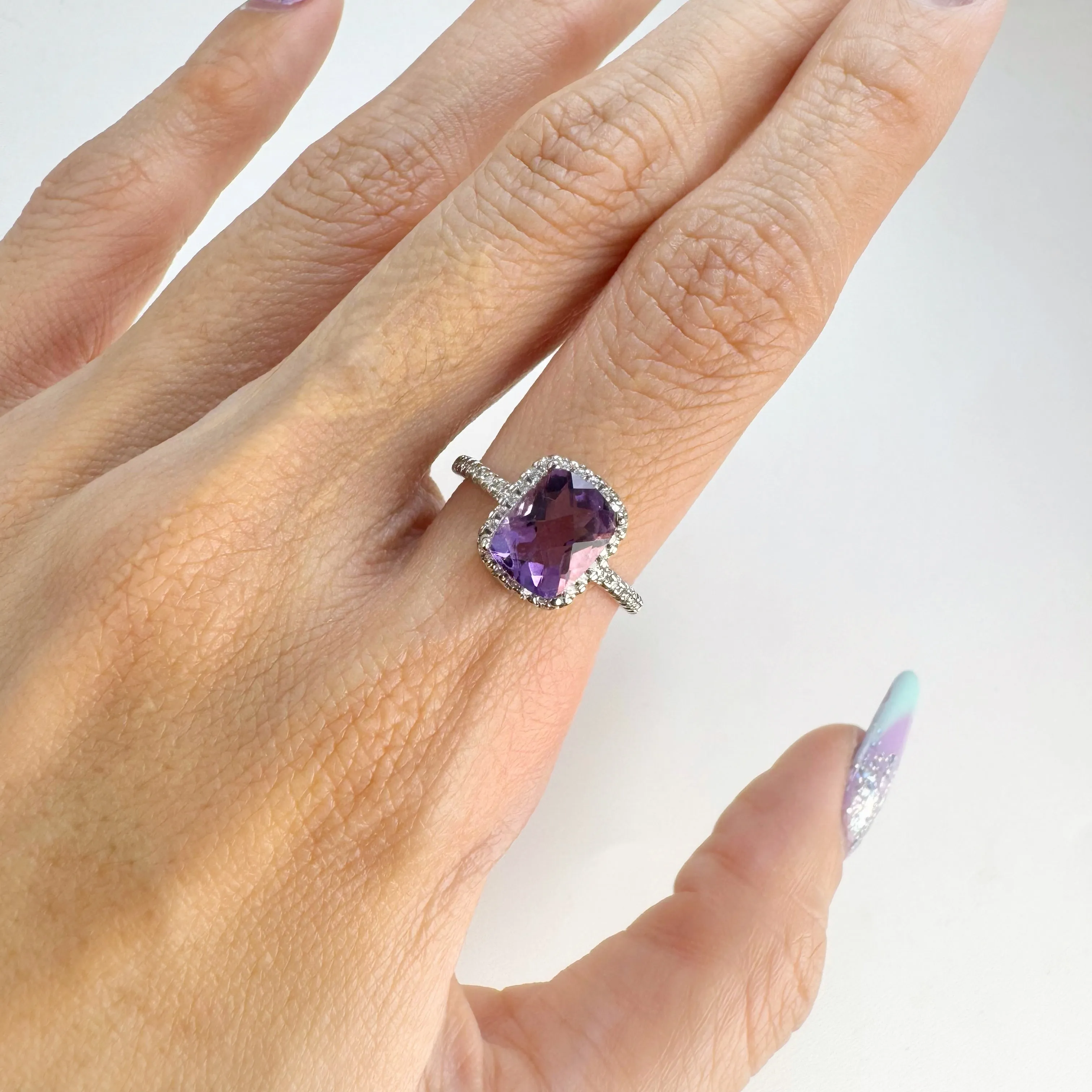 7 x 9 mm. Cushion with Checkerboard Cut Purple Brazilian Amethyst with Cz Halo Ring