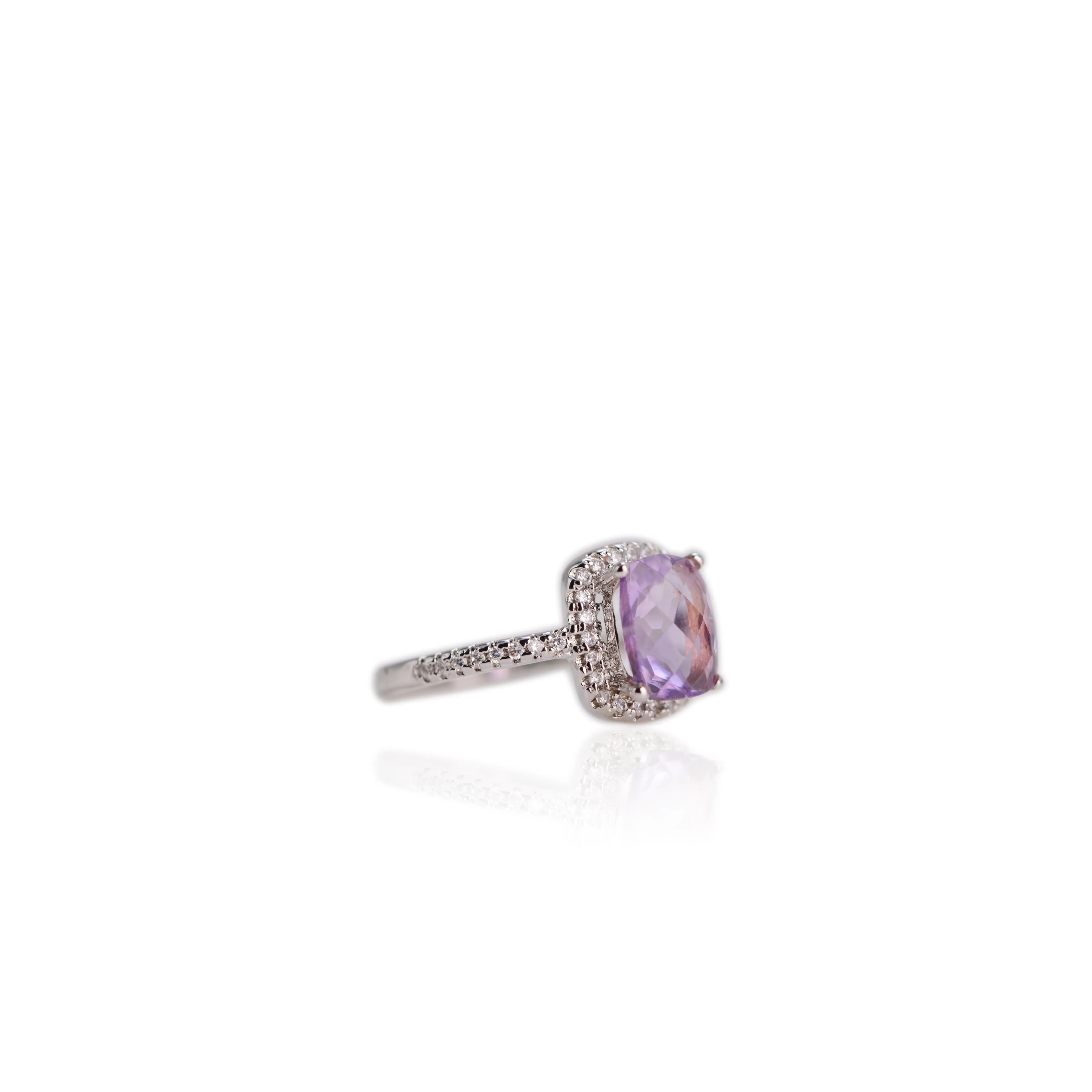 7 x 9 mm. Cushion with Checkerboard Cut Purple Brazilian Amethyst with Cz Halo Ring