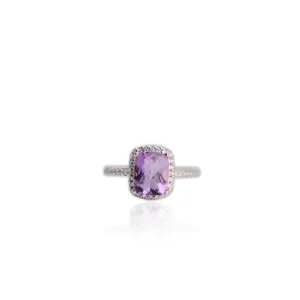 7 x 9 mm. Cushion with Checkerboard Cut Purple Brazilian Amethyst with Cz Halo Ring