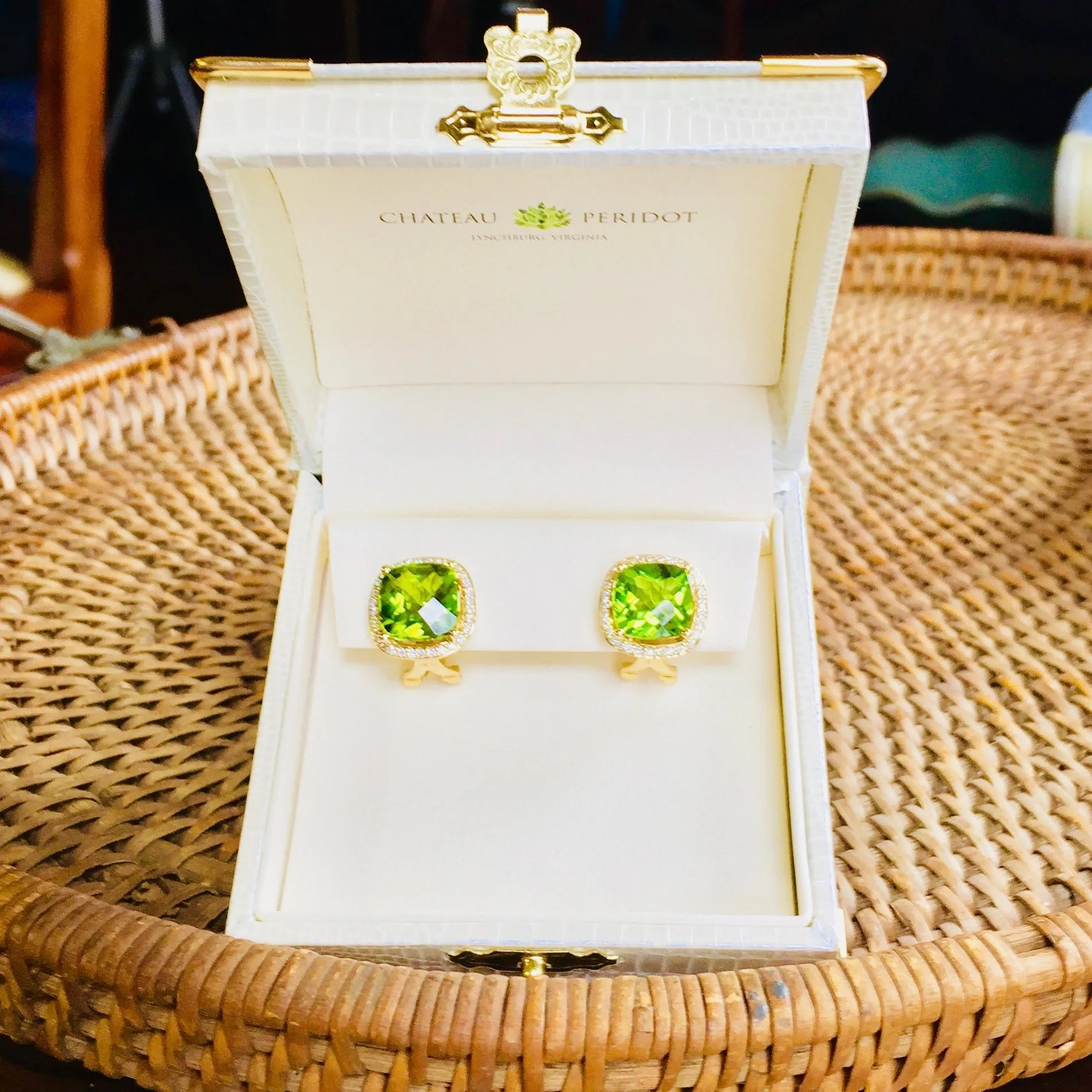 8.86ct. Burmese Peridot Earrings .41 ct. diamonds, Diamonds , Leaf Green, Lever-Back