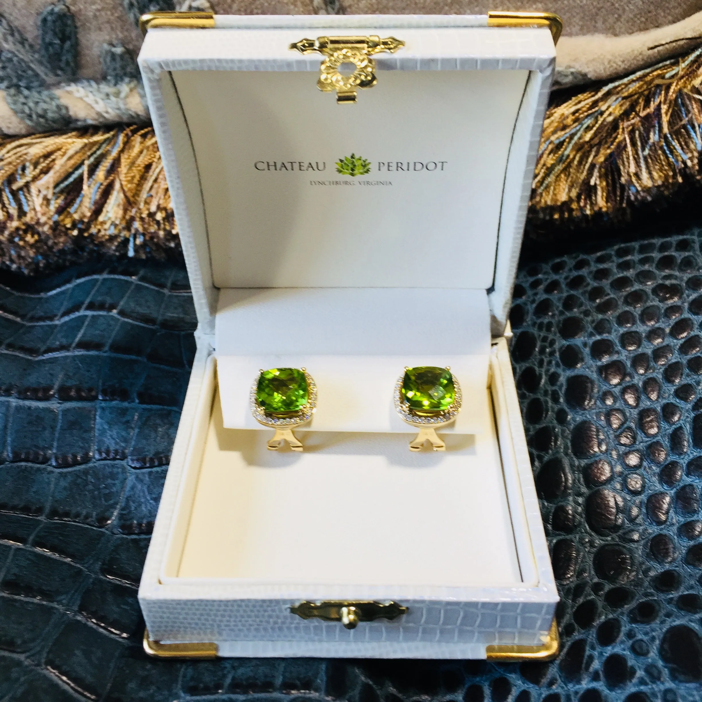 8.86ct. Burmese Peridot Earrings .41 ct. diamonds, Diamonds , Leaf Green, Lever-Back