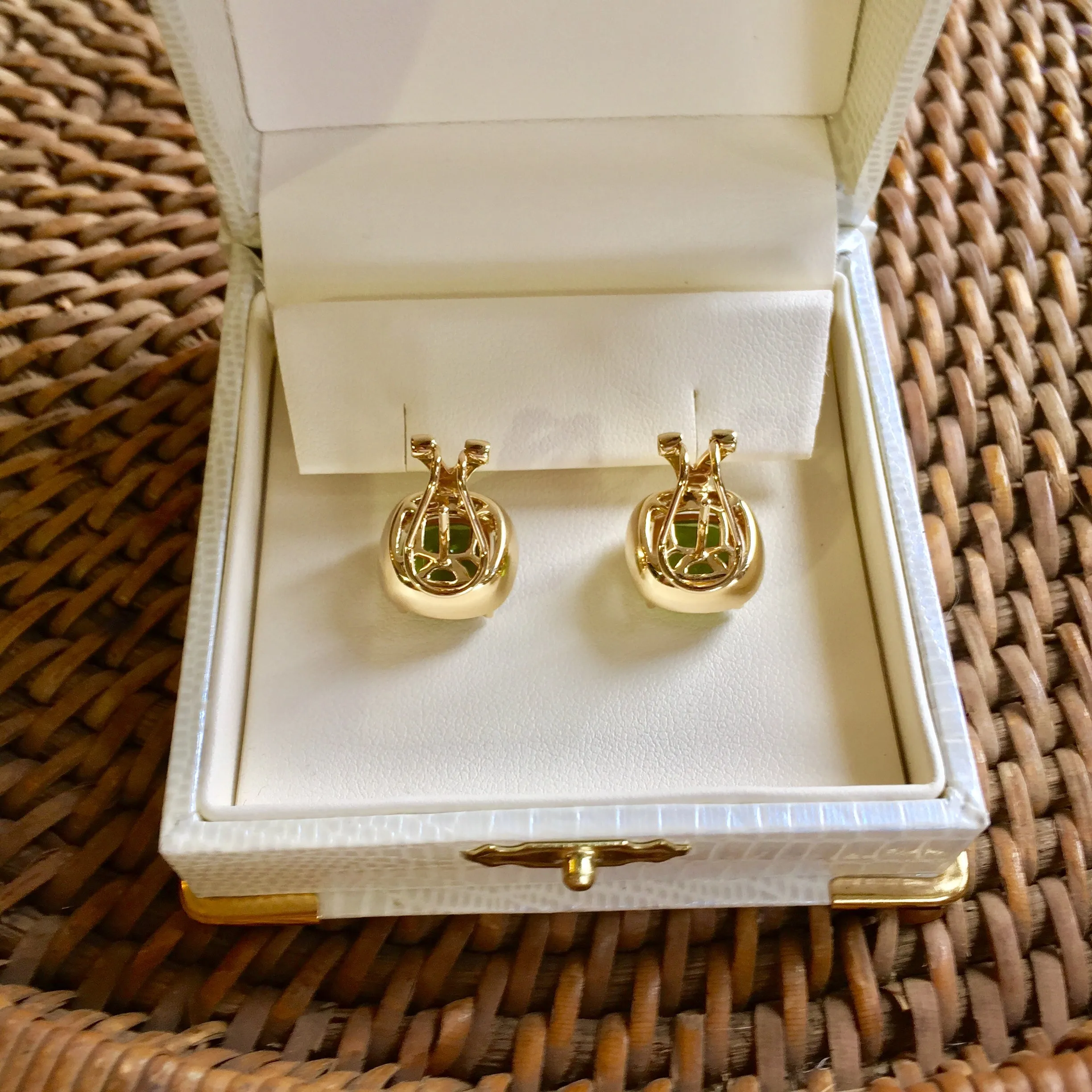 8.86ct. Burmese Peridot Earrings .41 ct. diamonds, Diamonds , Leaf Green, Lever-Back