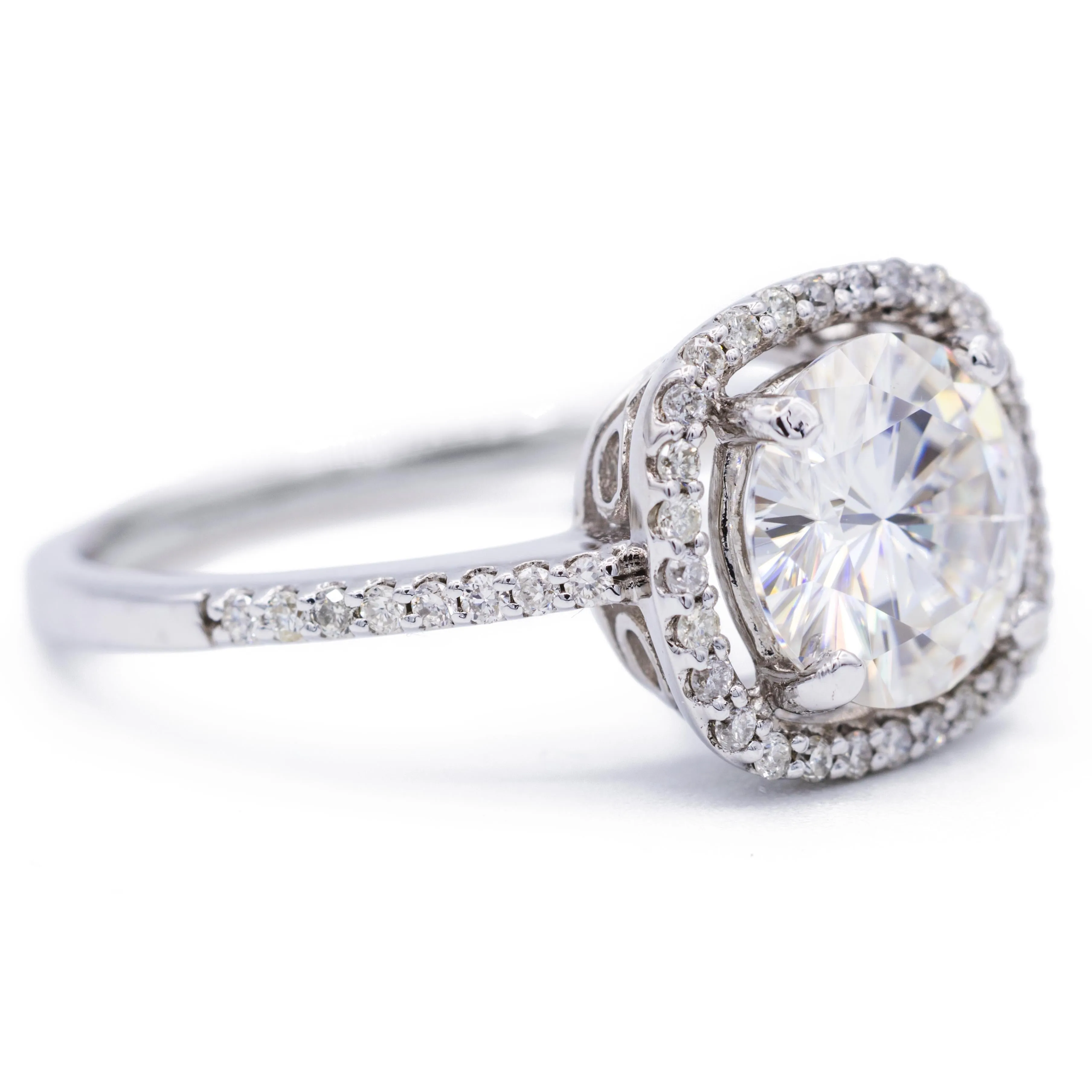 8mm Round Center 14K White Gold Micro Pave Halo Filigree Crown Ring