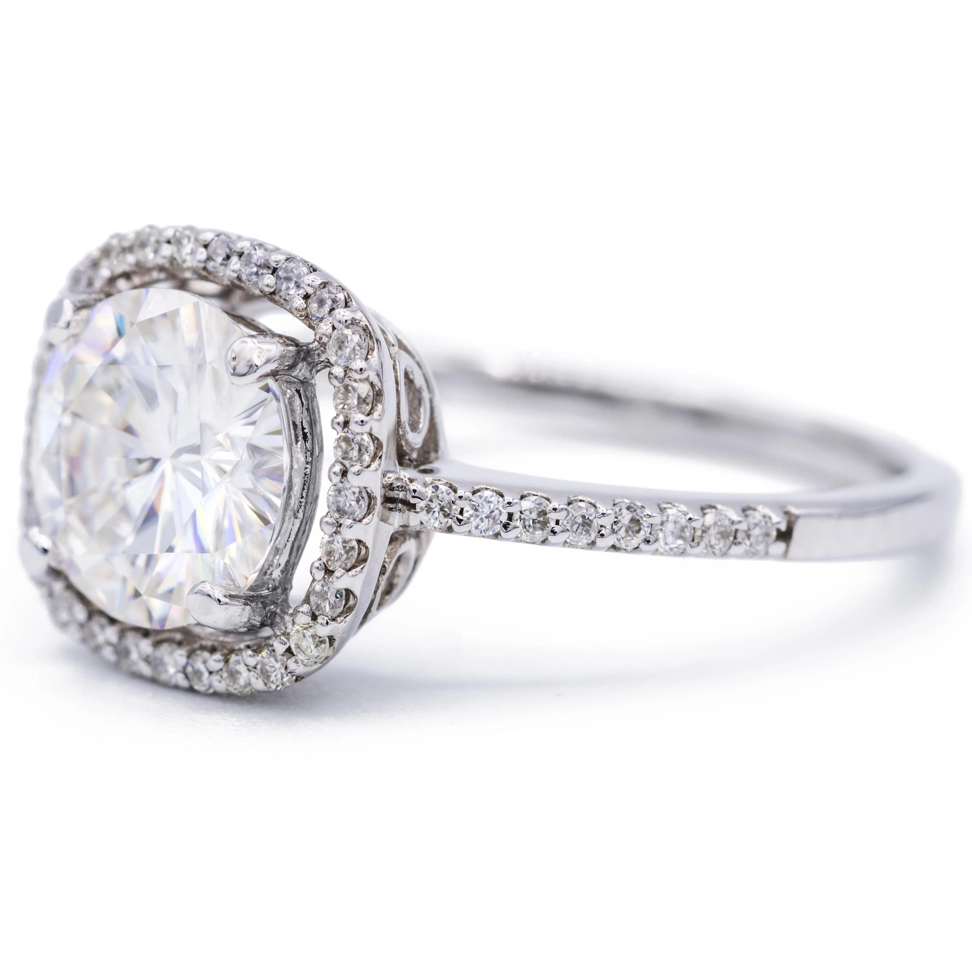8mm Round Center 14K White Gold Micro Pave Halo Filigree Crown Ring