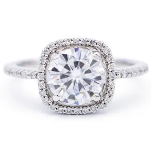 8mm Round Center 14K White Gold Micro Pave Halo Filigree Crown Ring