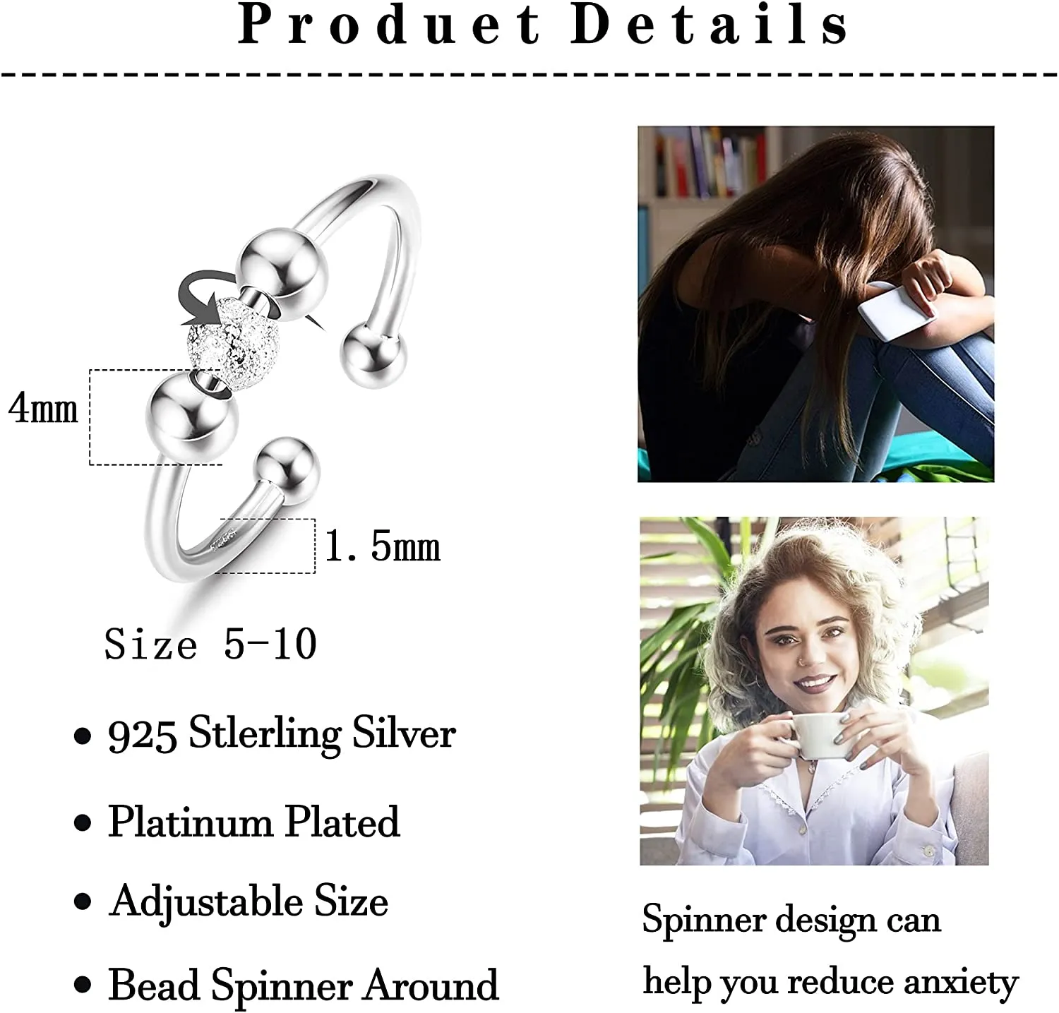 925 Sterling Silver Anti Anxiety Rings for Women Men