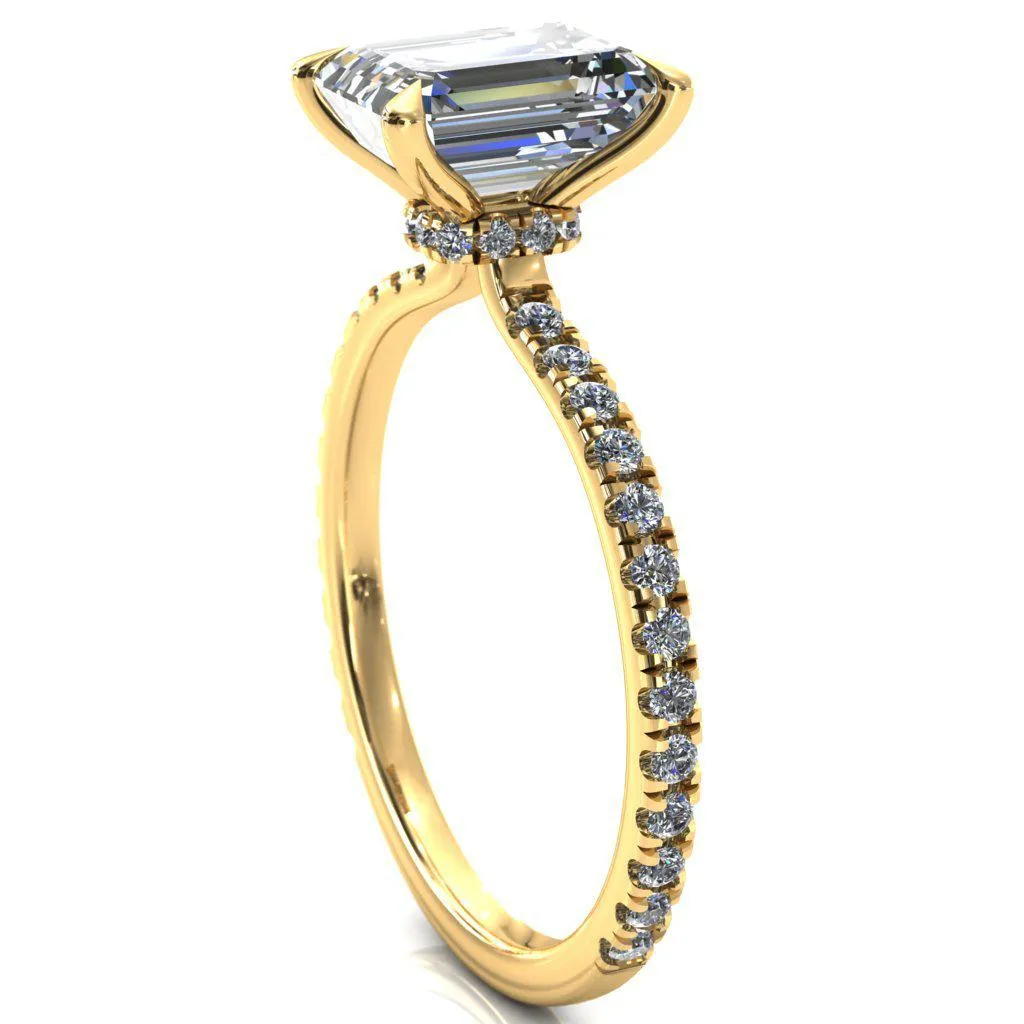 Alayna Emerald Moissanite 4 Claw Prong 3/4 Micro Pave Diamond Accent Ring Engagement Ring