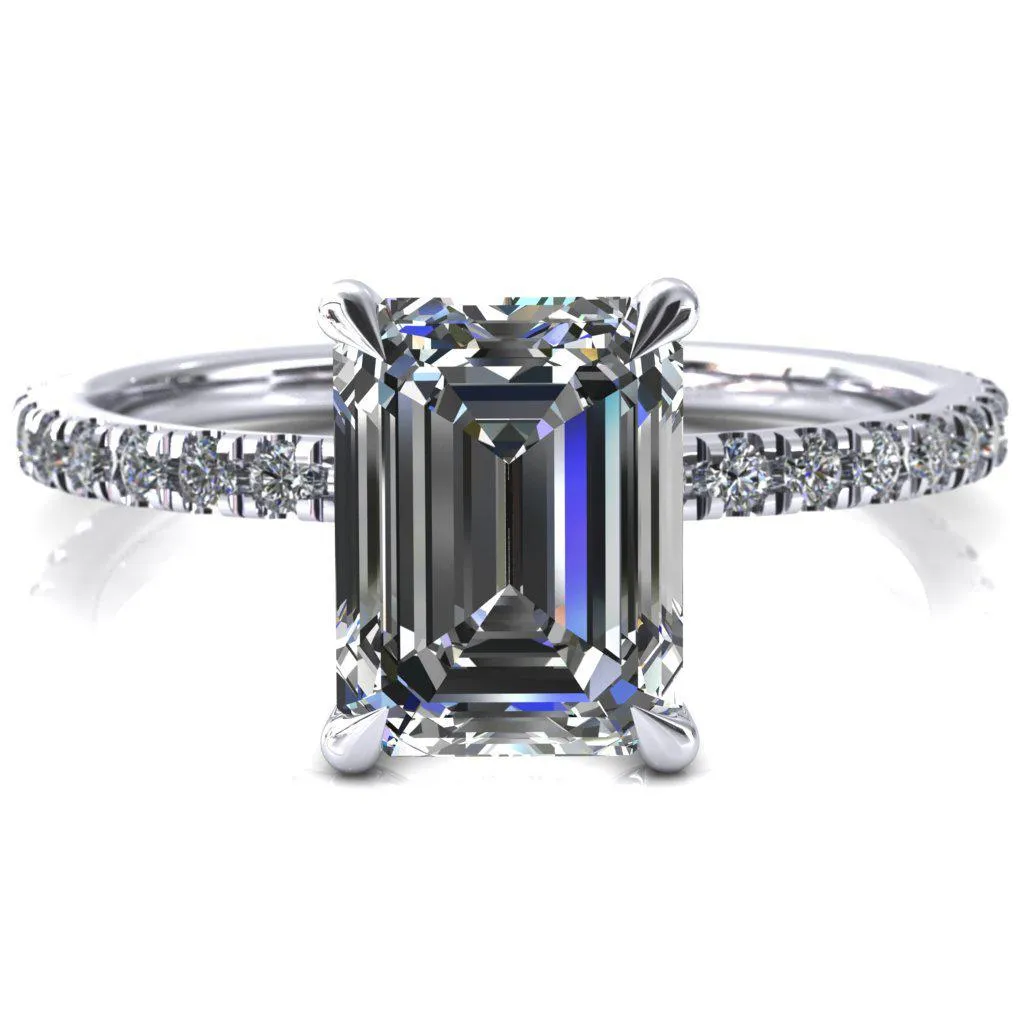 Alayna Emerald Moissanite 4 Claw Prong 3/4 Micro Pave Diamond Accent Ring Engagement Ring