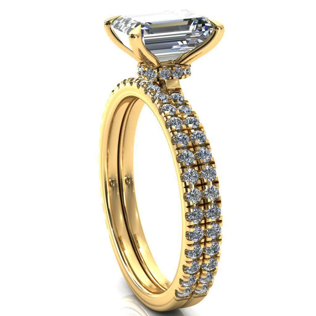 Alayna Emerald Moissanite 4 Claw Prong 3/4 Micro Pave Diamond Accent Ring Engagement Ring